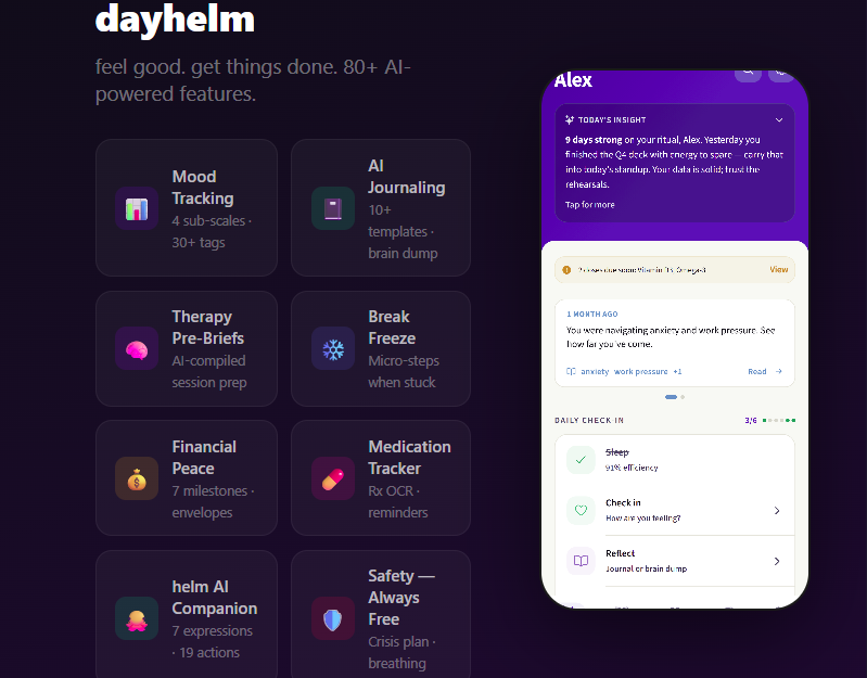 dayhelm feature overview showing 80+ AI-powered features including mood tracking, AI journaling, therapy prep, Break Freeze, and financial peace with app screenshot