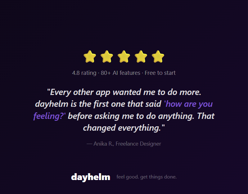 dayhelm 4.8 star rating and user testimonial — every other app wanted me to do more, dayhelm asked how are you feeling