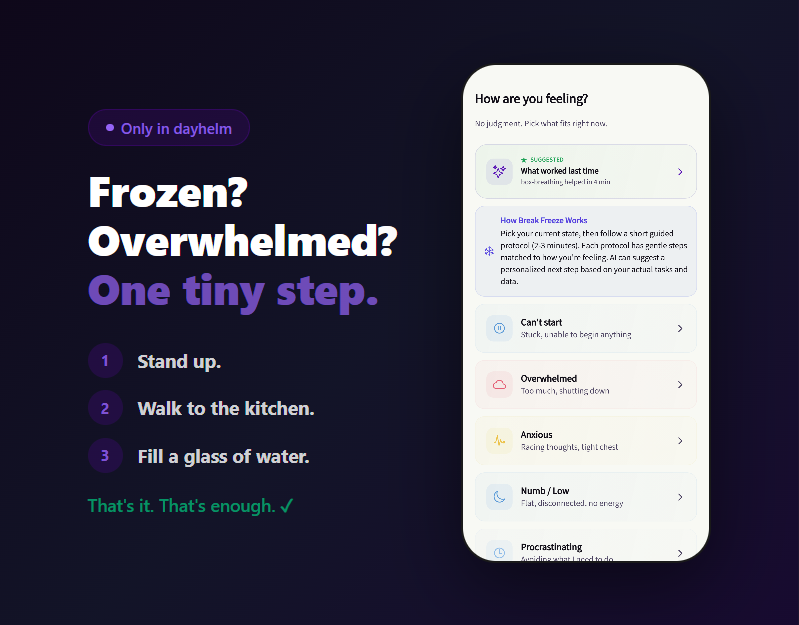 dayhelm Break the Freeze feature — guided micro-steps for when you feel frozen, overwhelmed, anxious, or numb