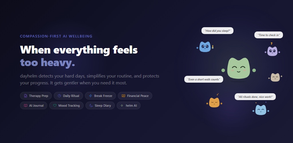 dayhelm official Google Play Store feature graphic — compassion-first AI wellbeing companion with Helm mascot