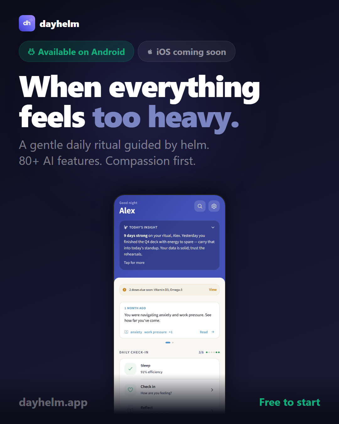 dayhelm app launch announcement — available now on Google Play for Android, compassion-first AI mental health companion
