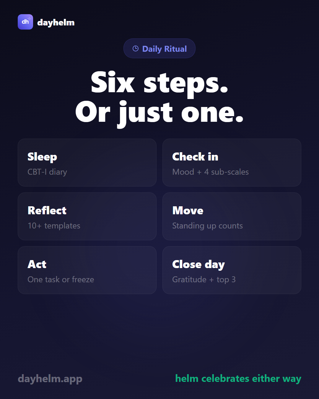 dayhelm daily ritual — structured morning routine including mood check-in, journaling, and gratitude practice
