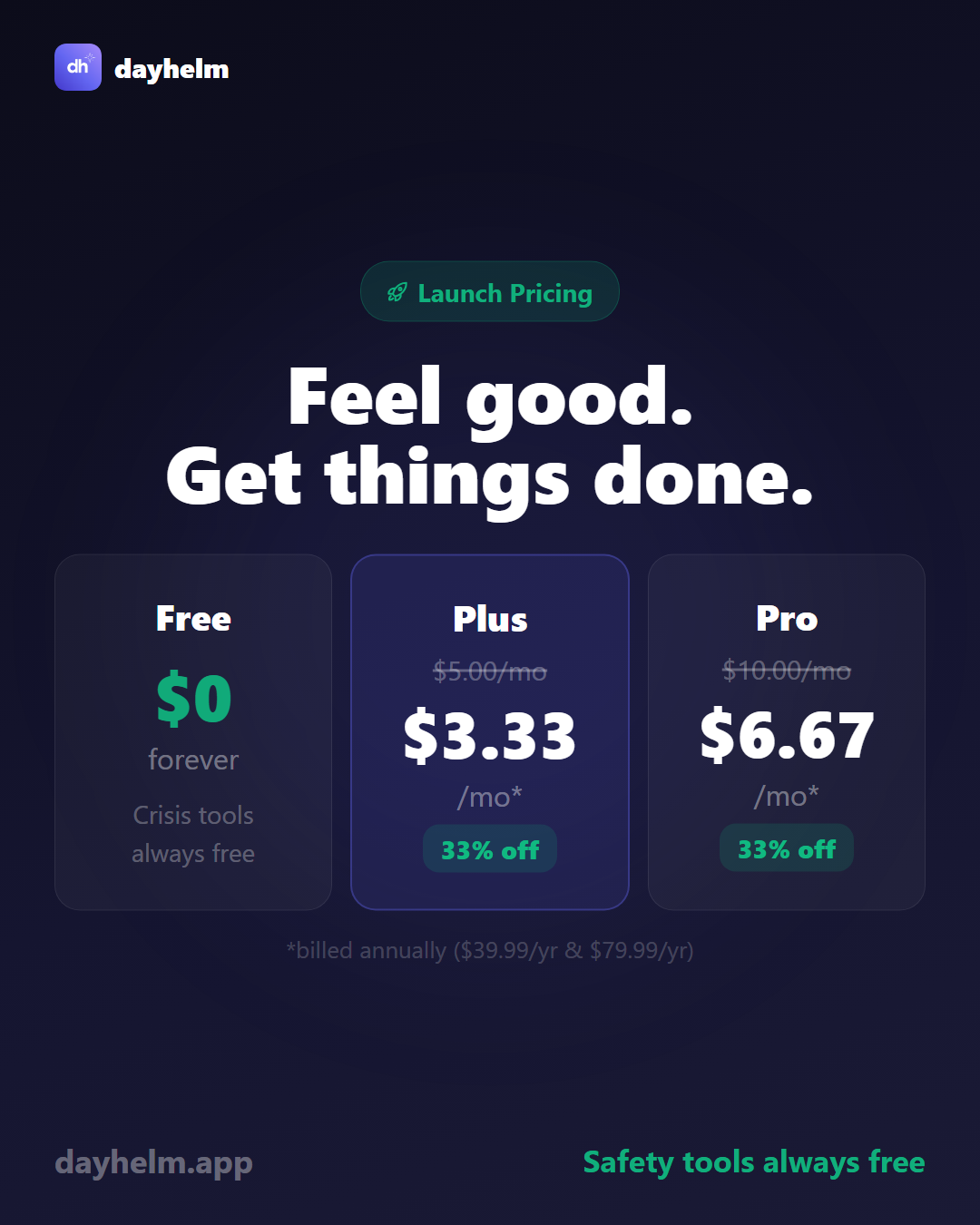 dayhelm pricing plans — launch discount on Plus and Pro subscriptions starting at $4.99 per month