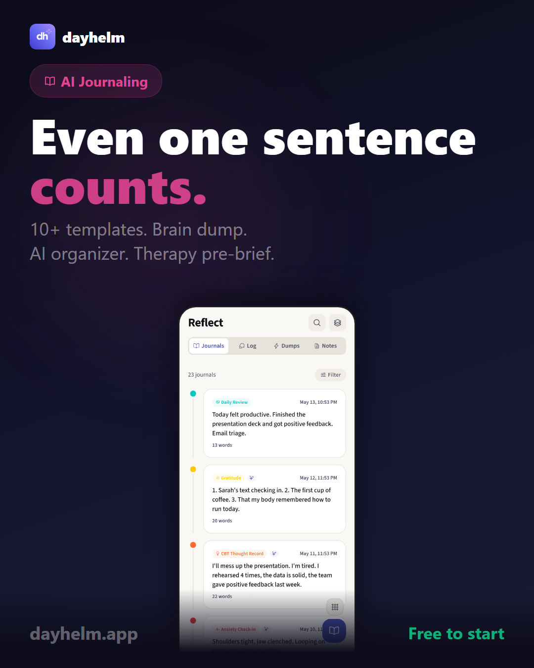dayhelm AI journal with therapeutic writing templates for processing anxiety, depression, grief, and daily reflection