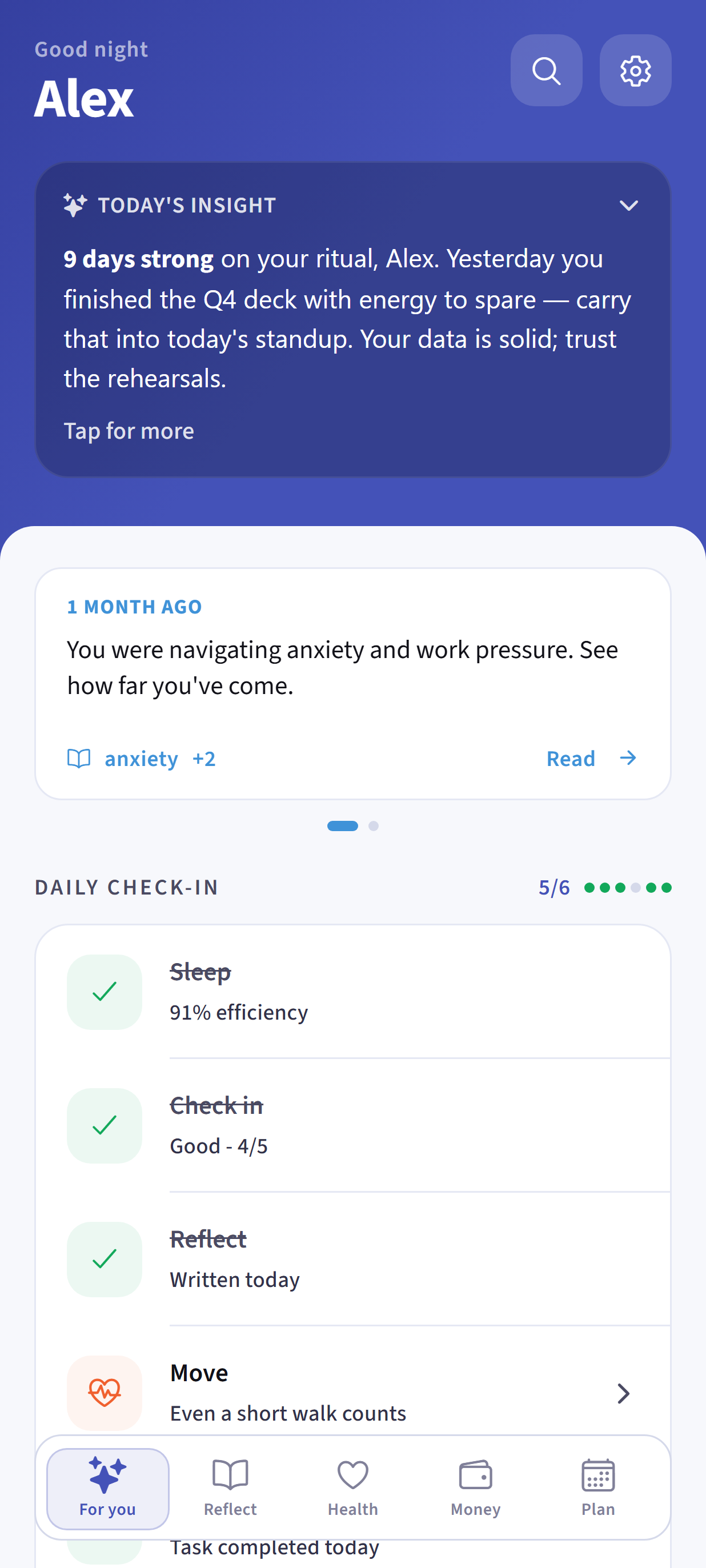 Dayhelm For You screen with a daily briefing, medication reminders, ritual progress, and quick capture actions