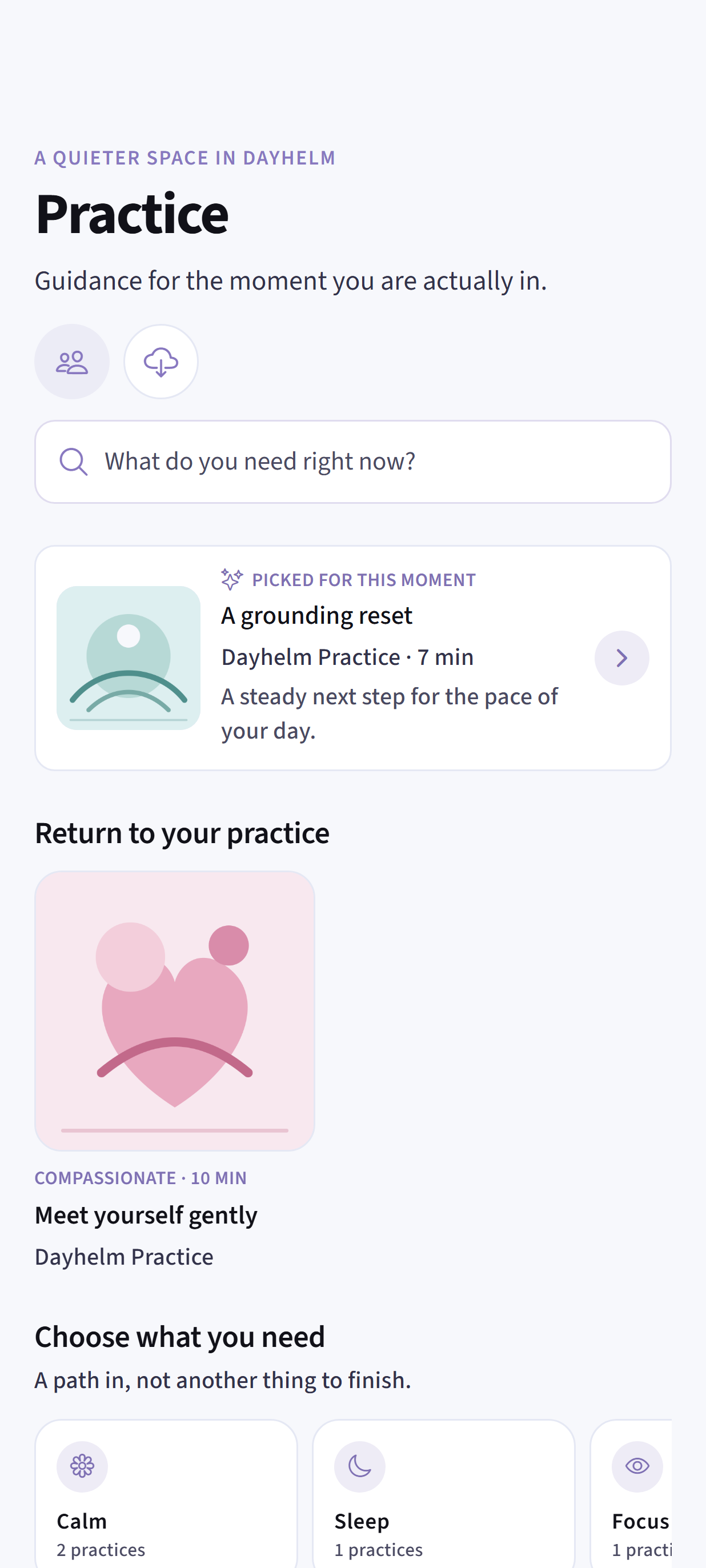 Dayhelm Practice library with private guided meditation sessions for calm, sleep, focus, and self-compassion