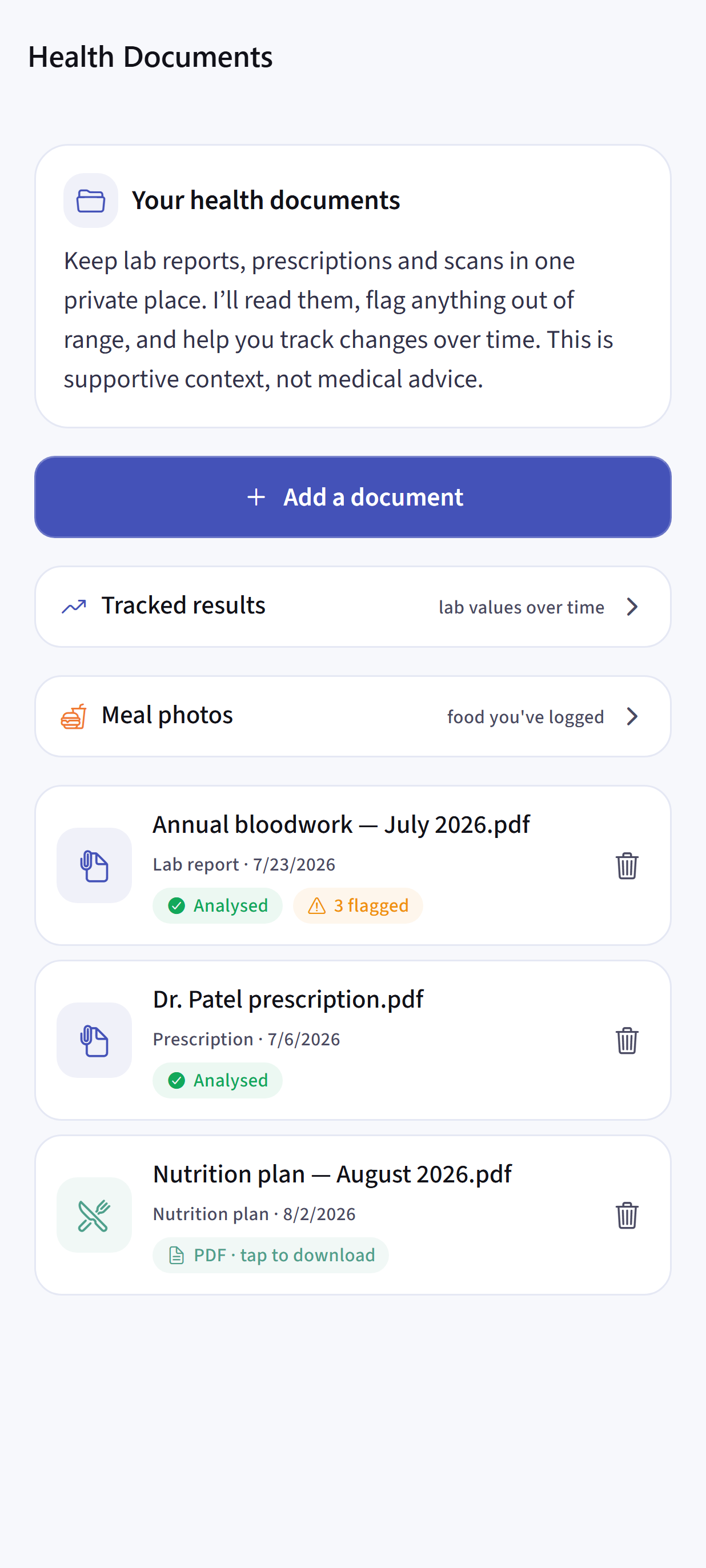 Dayhelm private health document library with analysed lab reports and generated nutrition plan PDF