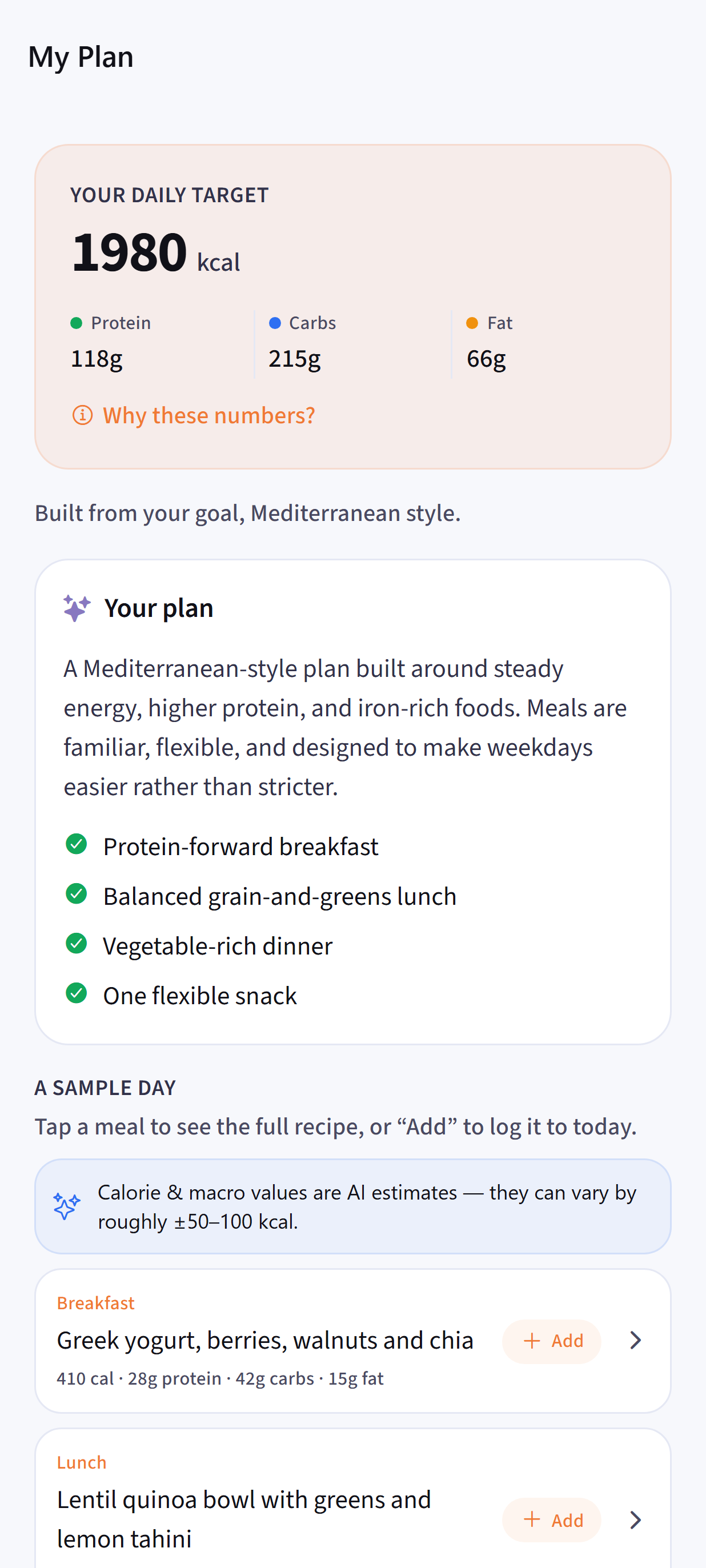Dayhelm personalized nutrition plan with calorie and macro targets plus a practical sample day