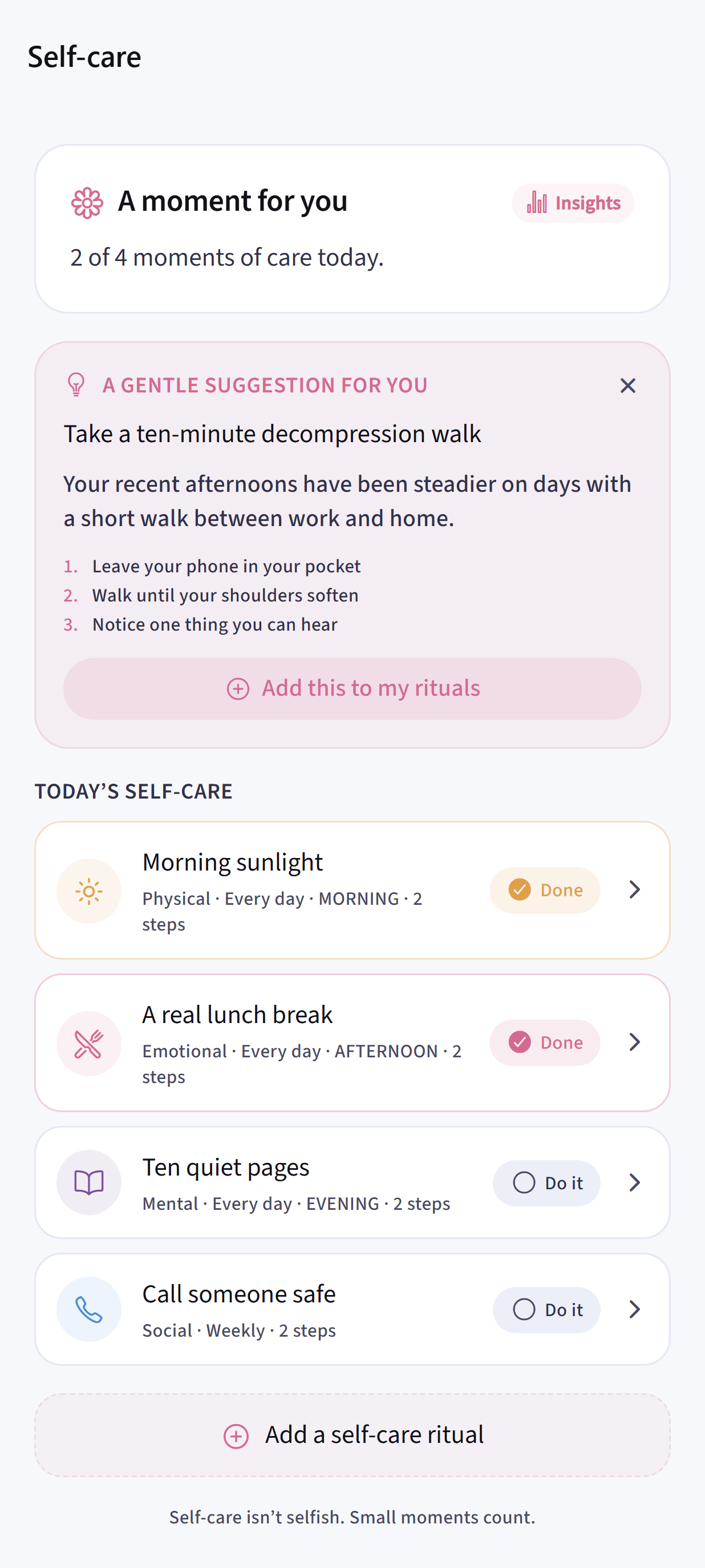 Dayhelm self-care hub with personal routines, completion progress, and a gentle suggestion