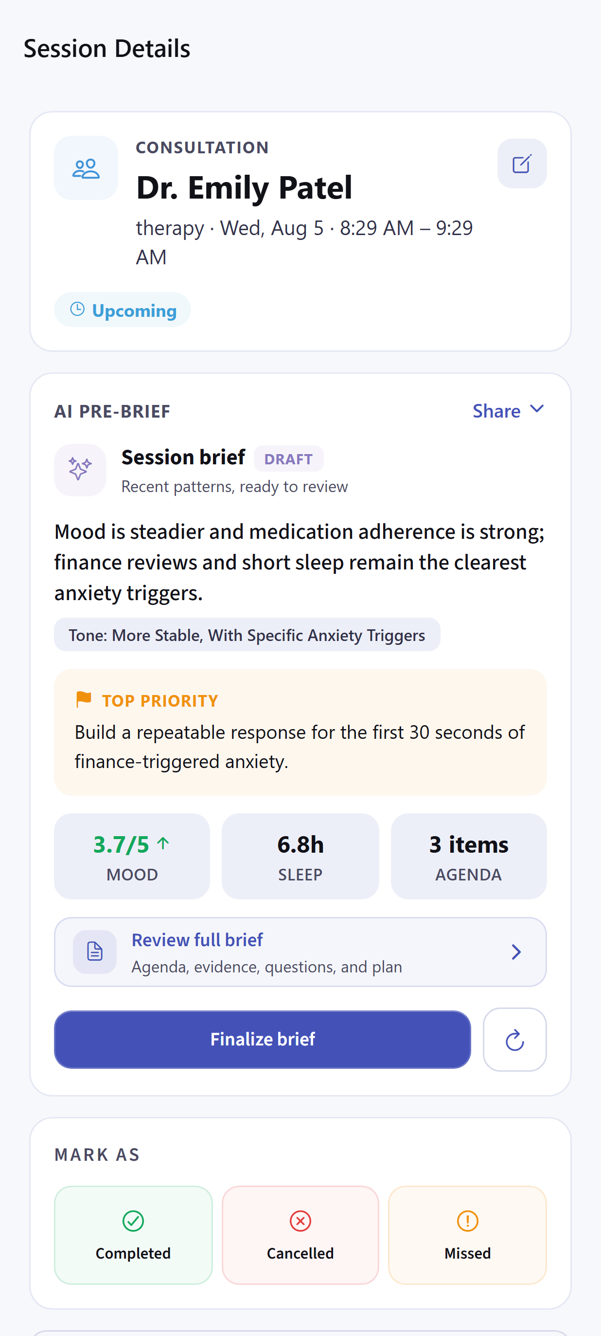 Dayhelm therapy pre-brief with recent patterns, session focus, concerns, and questions