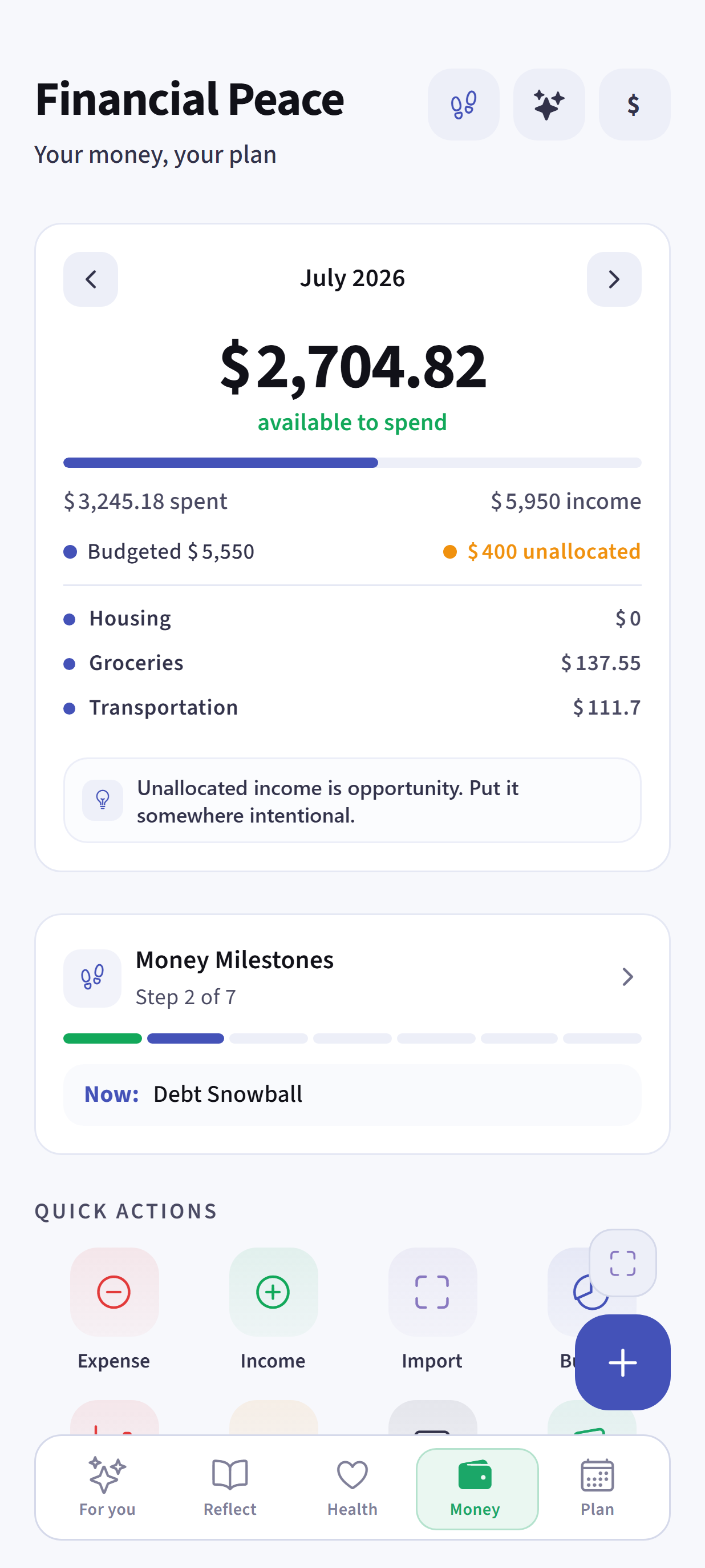 Dayhelm Financial Peace dashboard with envelope budget, available balance, and money milestones