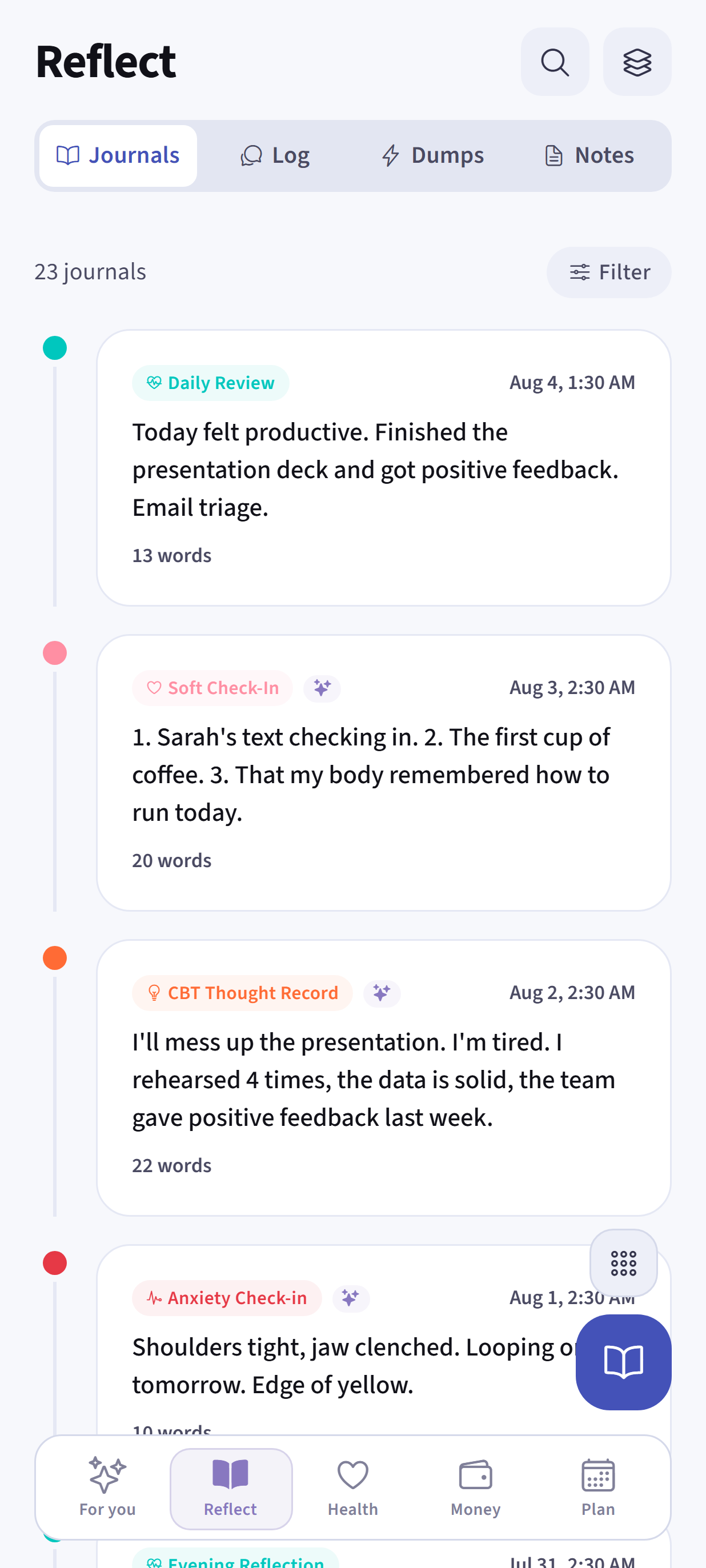 Dayhelm reflection screen with recent journal entries and guided templates