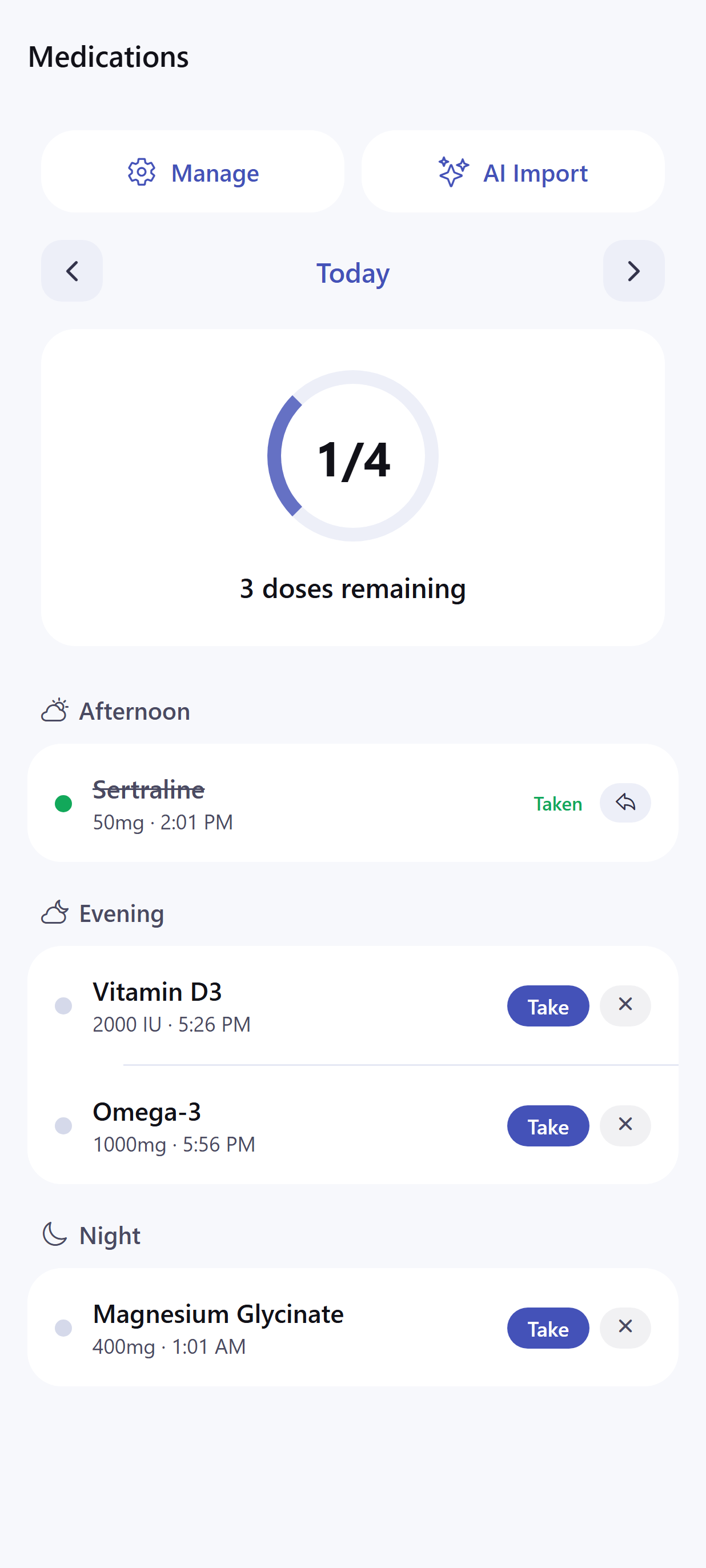 Dayhelm medication screen with active treatments and dose progress