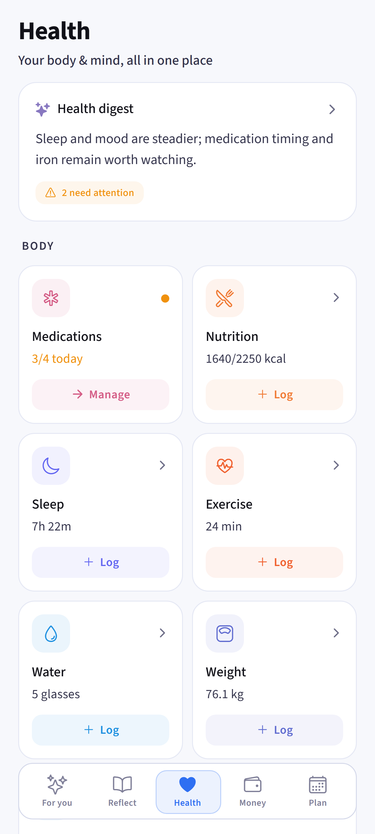 Dayhelm Health tab connecting medication, nutrition, sleep, movement, water, weight, mood, mindfulness, self-care, consultations, documents, and a weekly digest