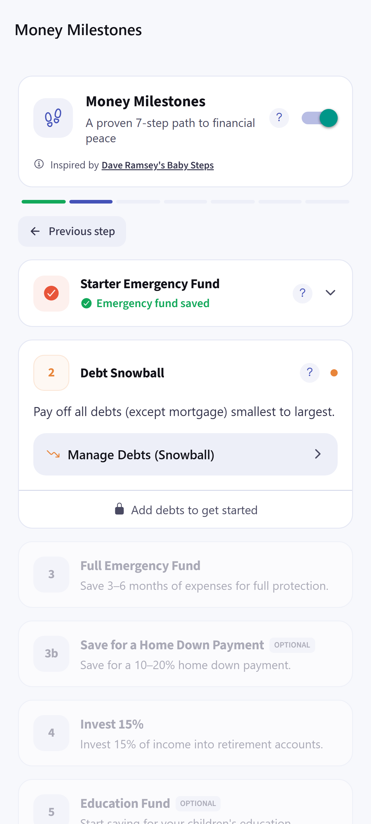 Dayhelm Money Milestones screen with emergency fund, debt snowball, and long-term financial steps