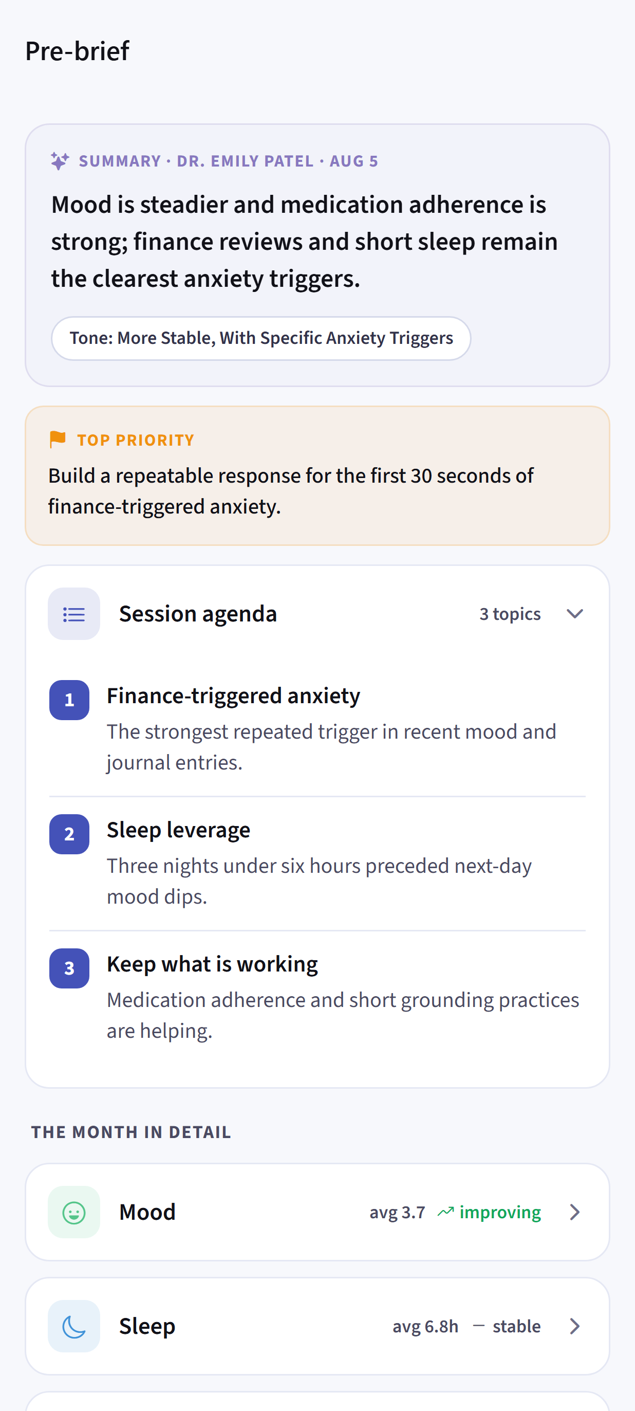 Dayhelm full therapy brief with top priority, session agenda, mood trend, sleep context, and clinician questions