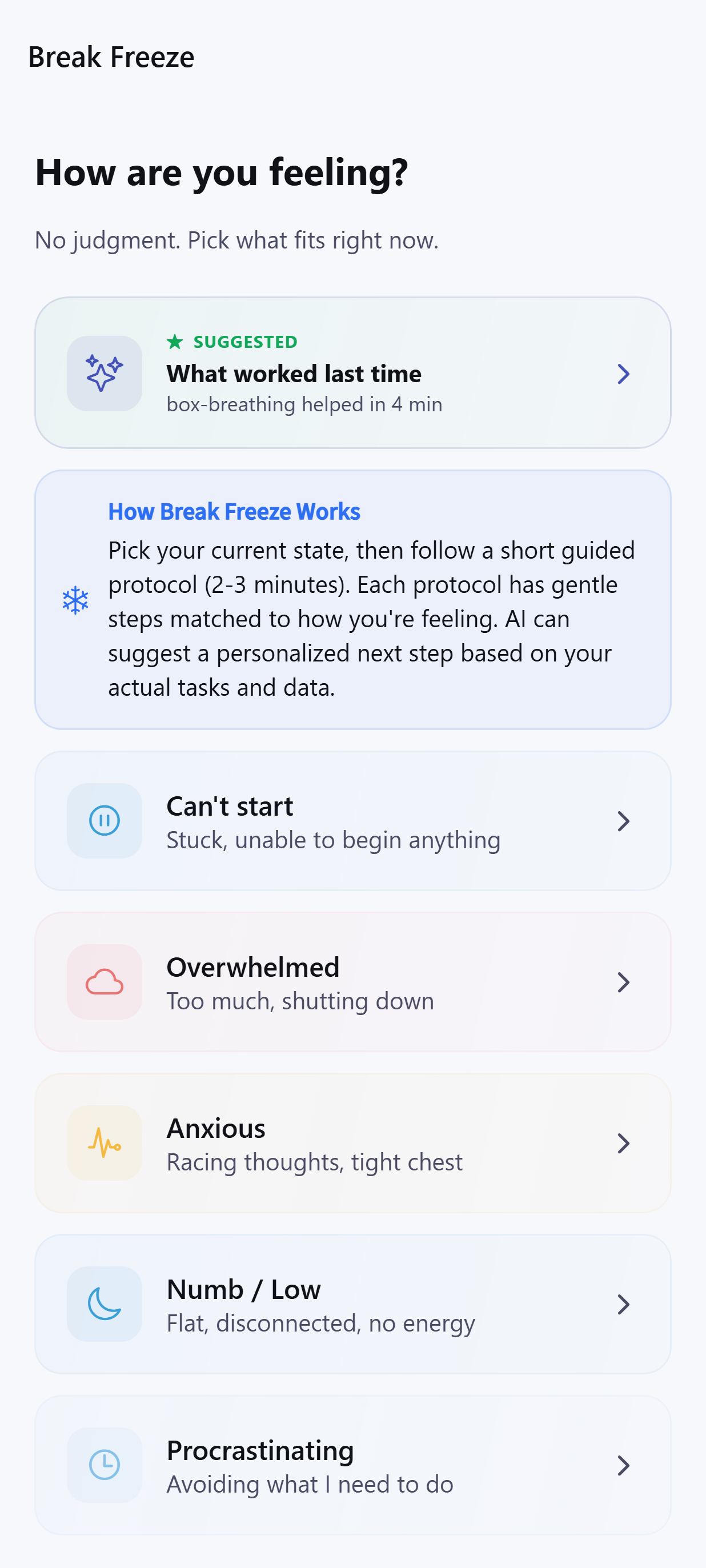 Dayhelm Break Freeze screen with gentle state-based support for overwhelm, anxiety, low energy, and task initiation