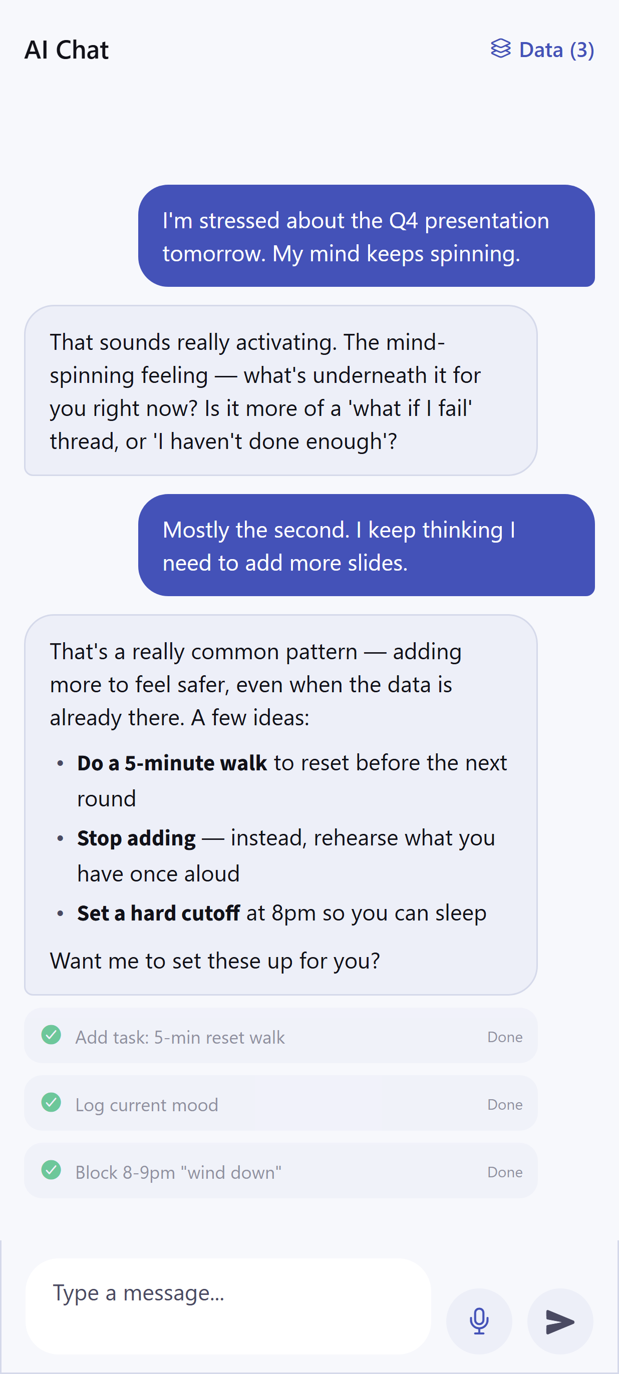 Dayhelm Helm AI conversation connecting personal context to reviewable actions and grounding support