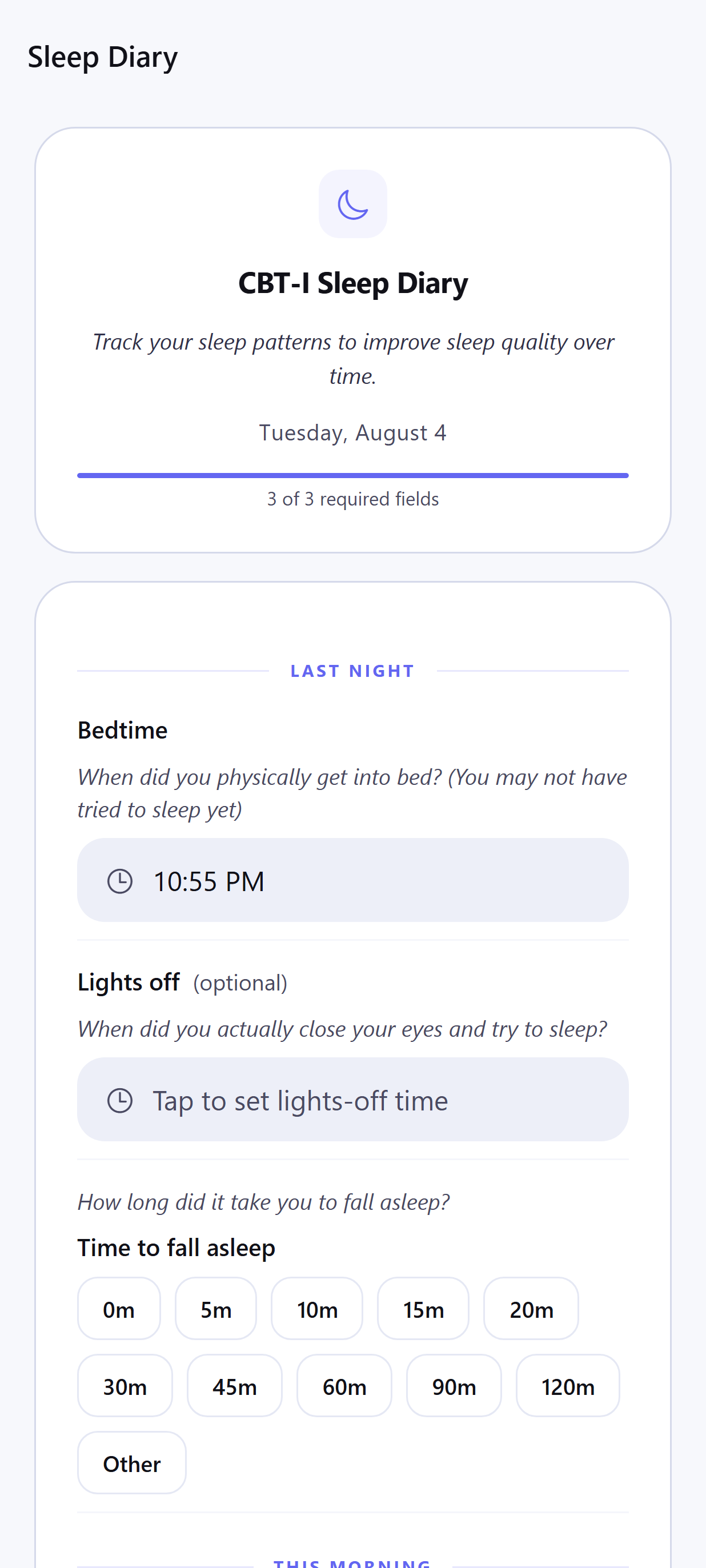 Dayhelm CBT-I sleep diary for bedtime, wake time, disruptions, sleep quality, and efficiency