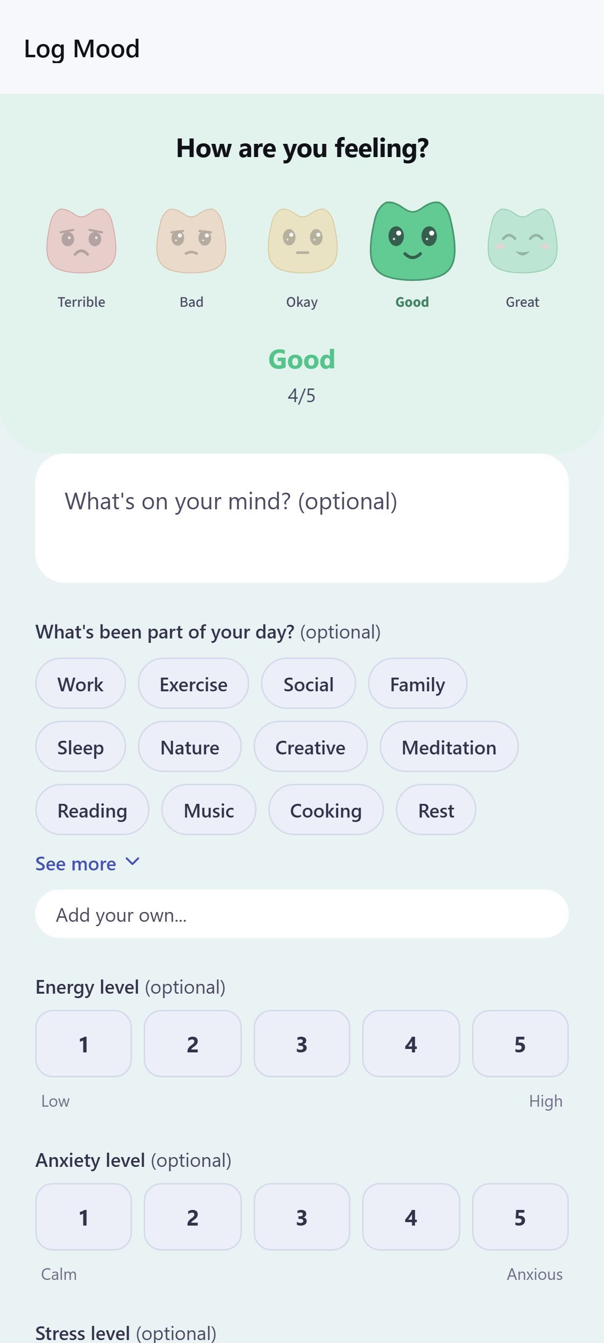 Dayhelm mood check-in with expressive Helm faces, energy, anxiety, stress, tags, and notes