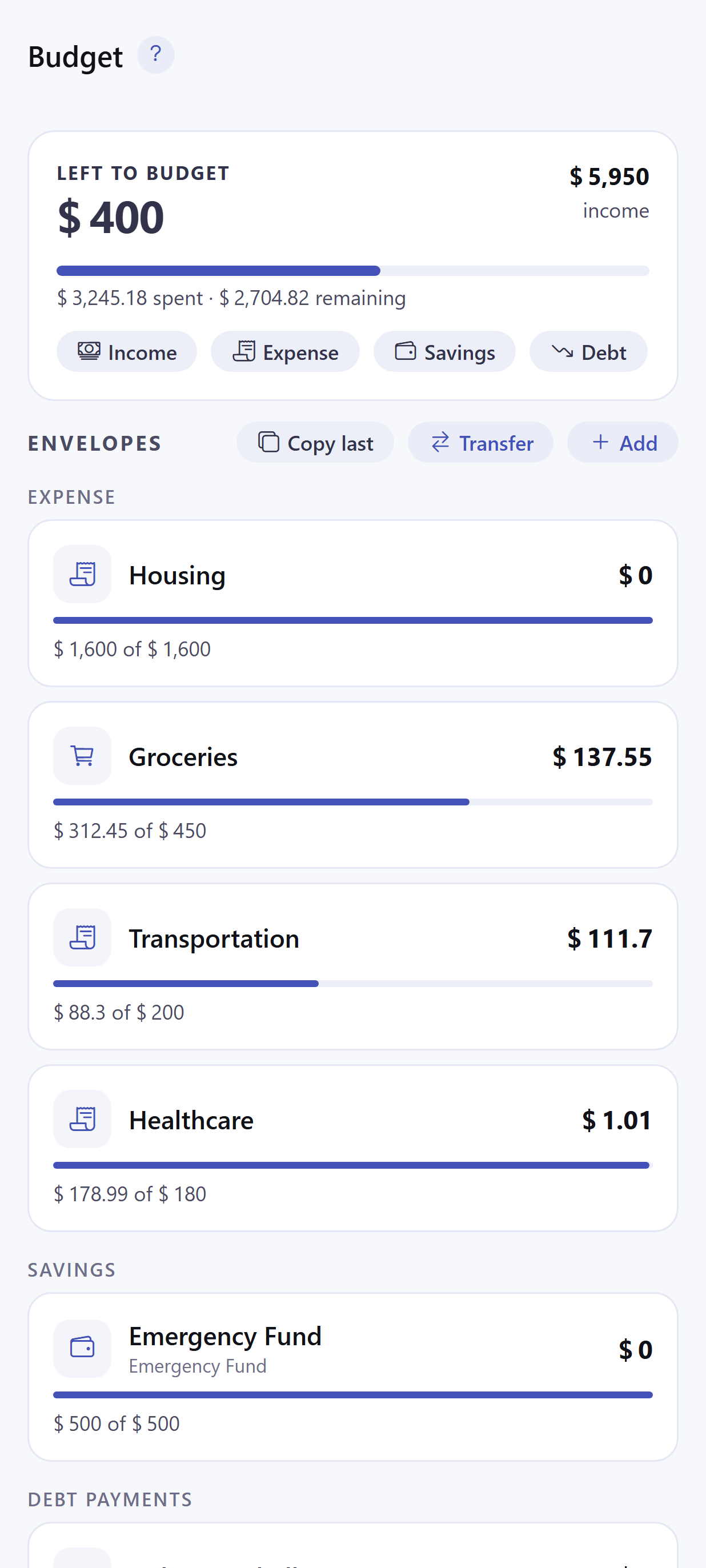 Dayhelm envelope budget showing assigned income, spending, savings, debt, and remaining balances