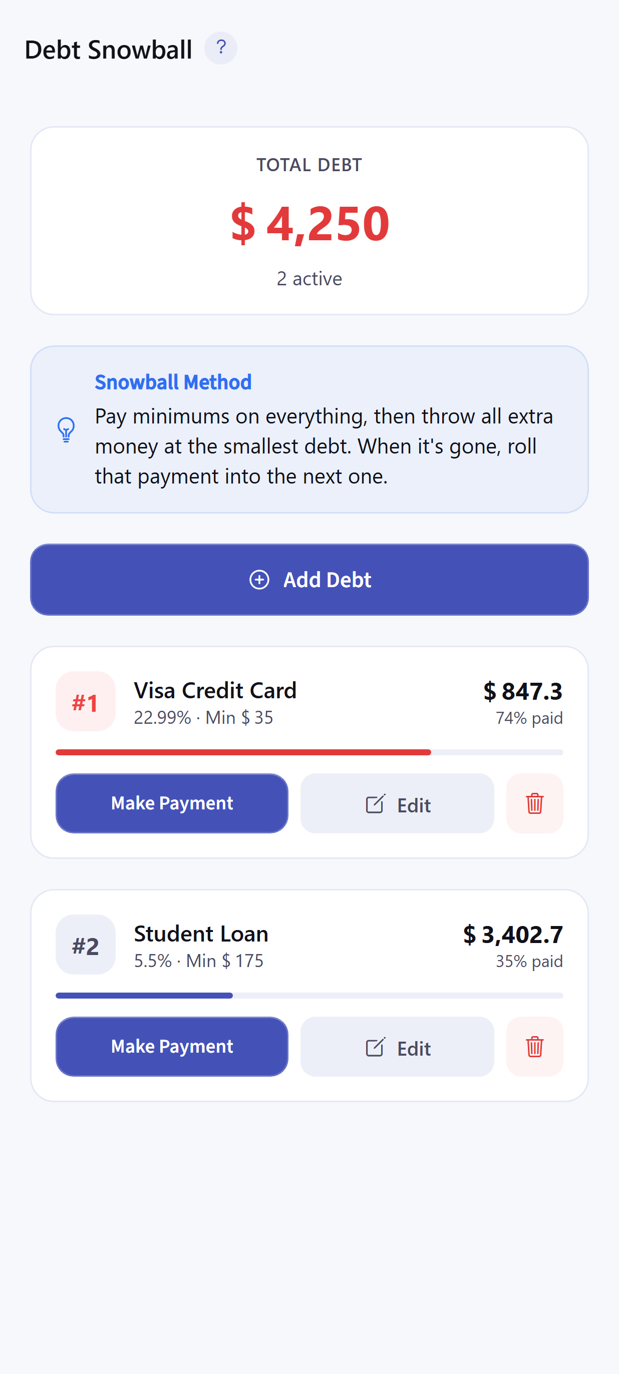 Dayhelm debt snowball ordering balances from smallest to largest with payoff progress and payments