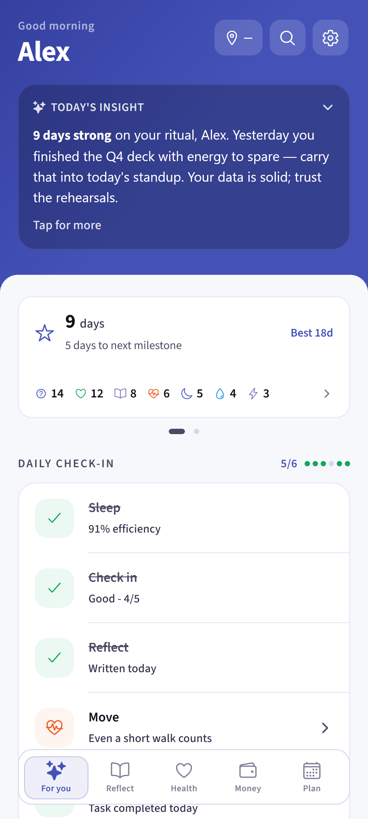 Dayhelm For You screen with a daily briefing, medication reminders, ritual progress, and quick capture actions