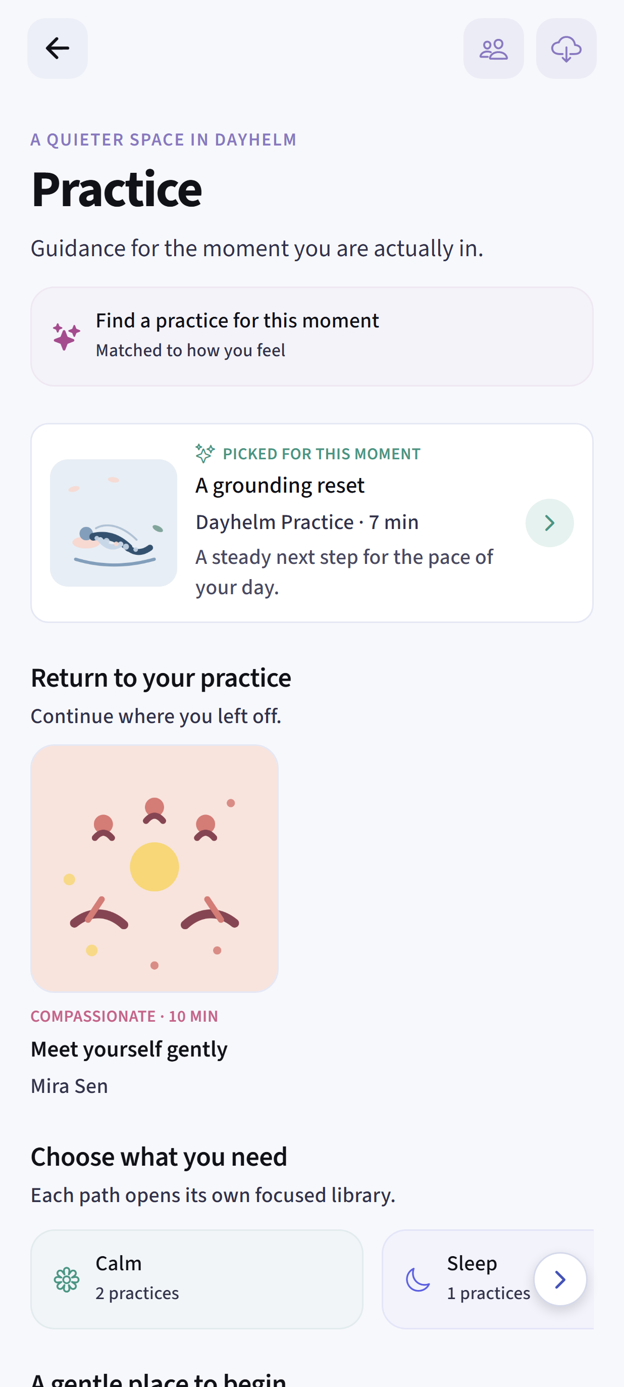 Dayhelm Practice library with private guided meditation sessions for calm, sleep, focus, and self-compassion