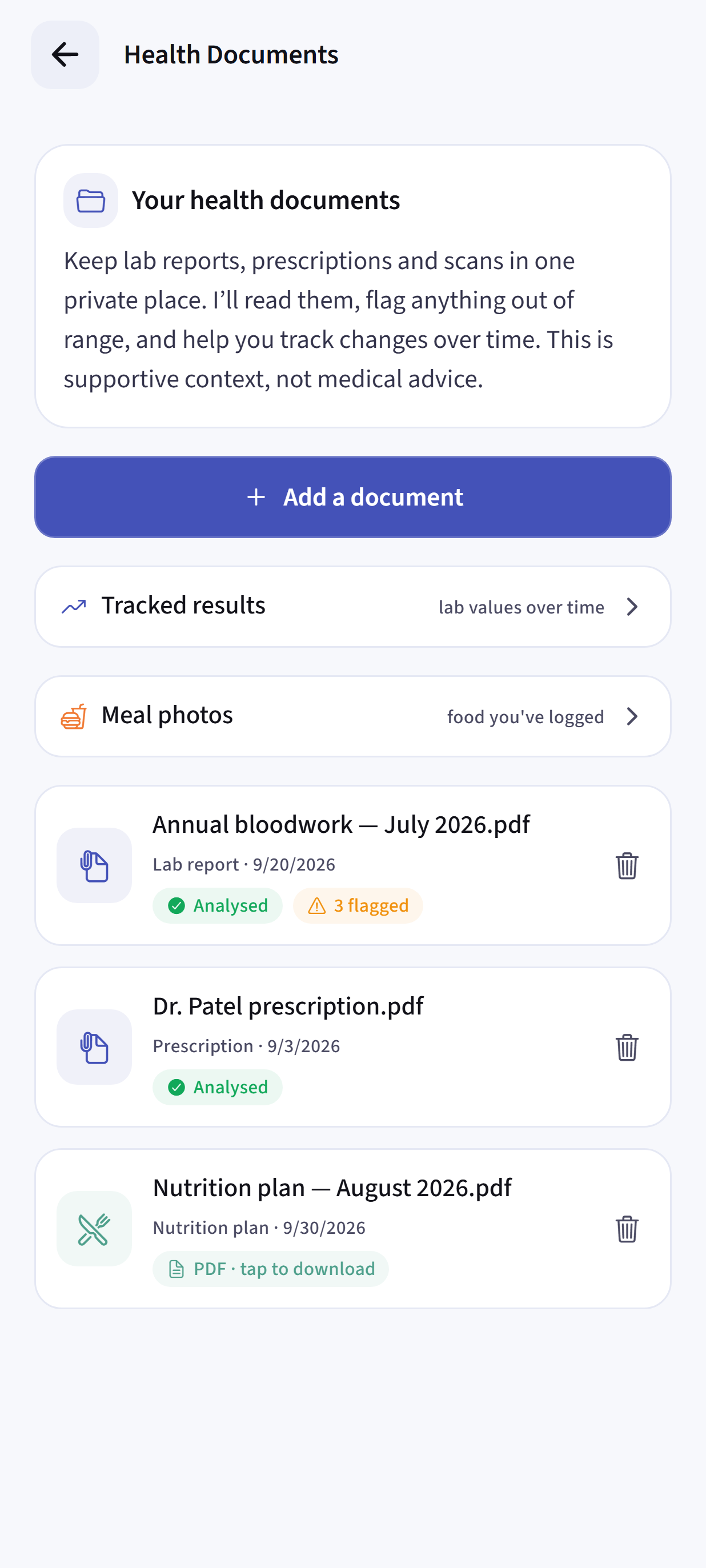 Dayhelm private health document library with analysed lab reports and generated nutrition plan PDF