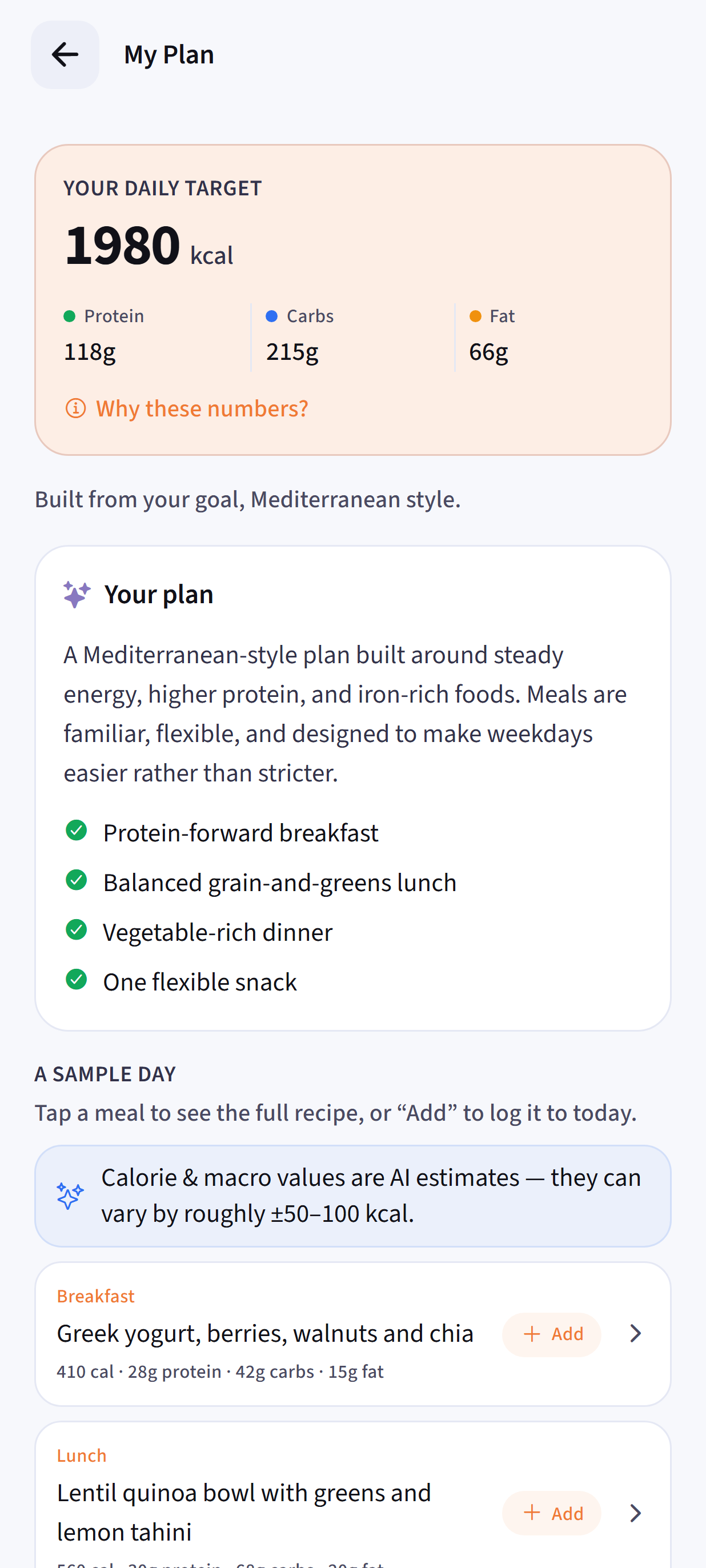 Dayhelm personalized nutrition plan with calorie and macro targets plus a practical sample day