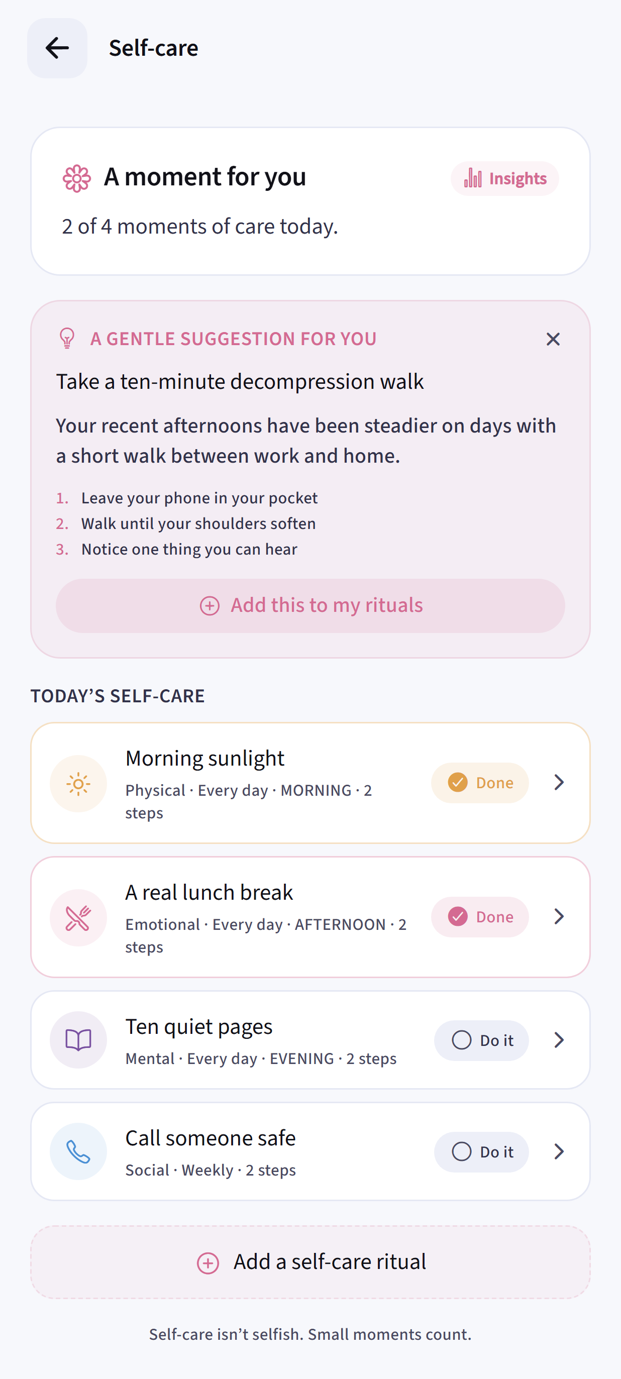 Dayhelm self-care hub with personal routines, completion progress, and a gentle suggestion