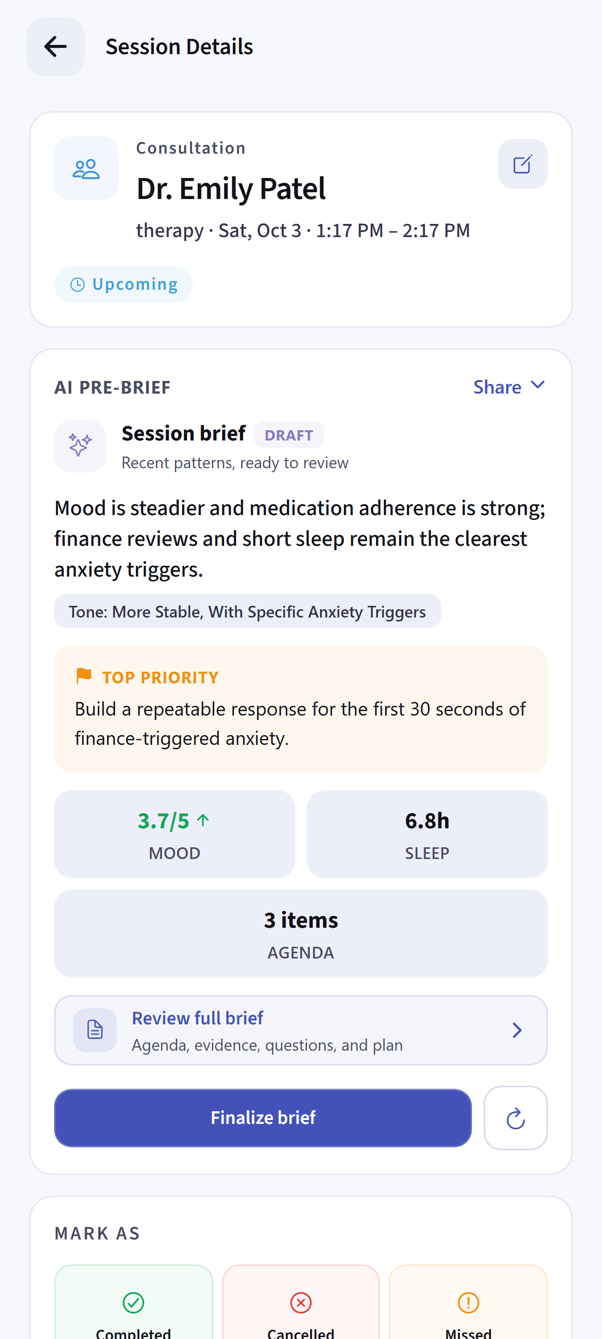 Dayhelm therapy pre-brief with recent patterns, session focus, concerns, and questions