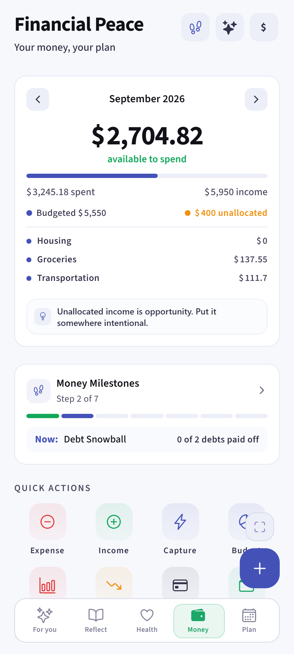 Dayhelm Financial Peace dashboard with available-to-spend balance, monthly budget overview, money milestones, and quick actions