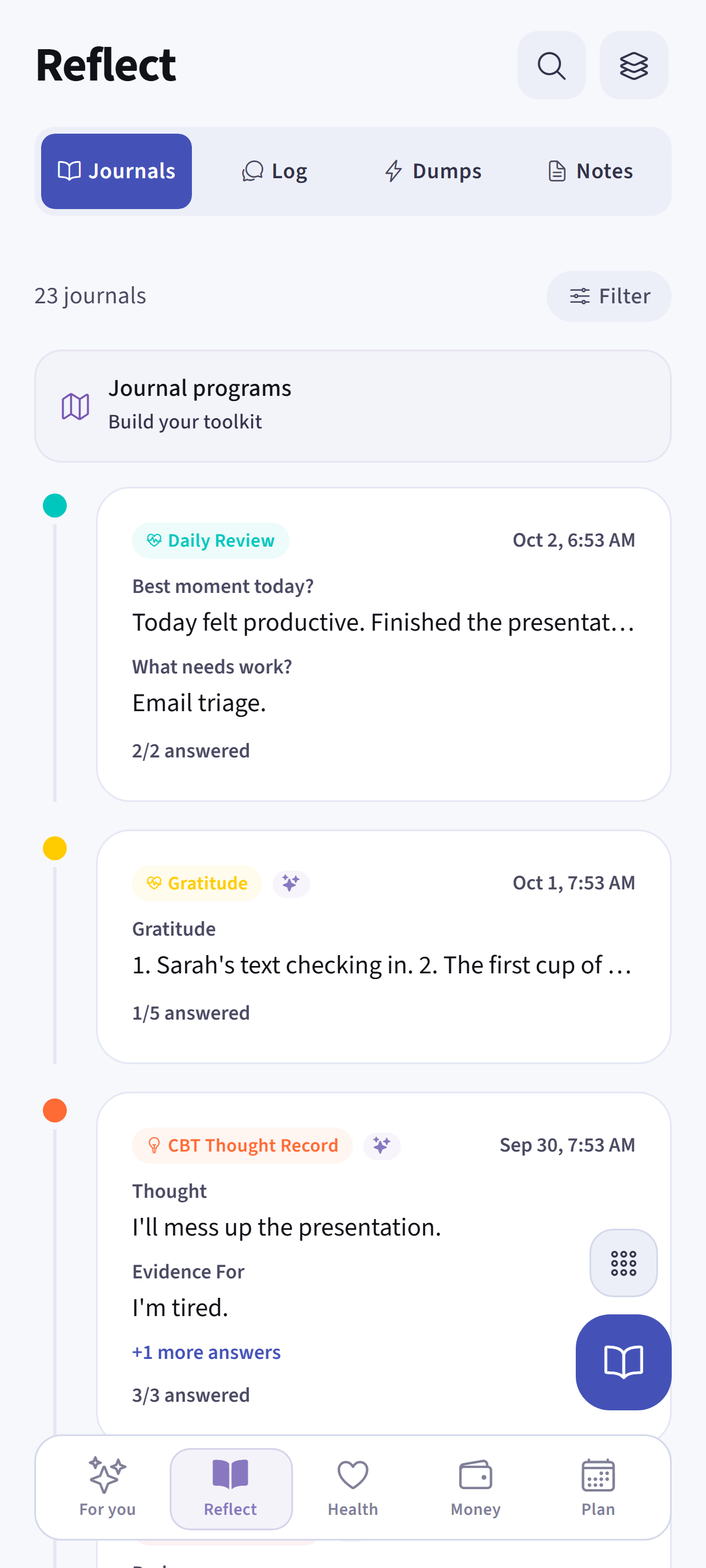 Dayhelm reflection screen with recent journal entries and guided templates