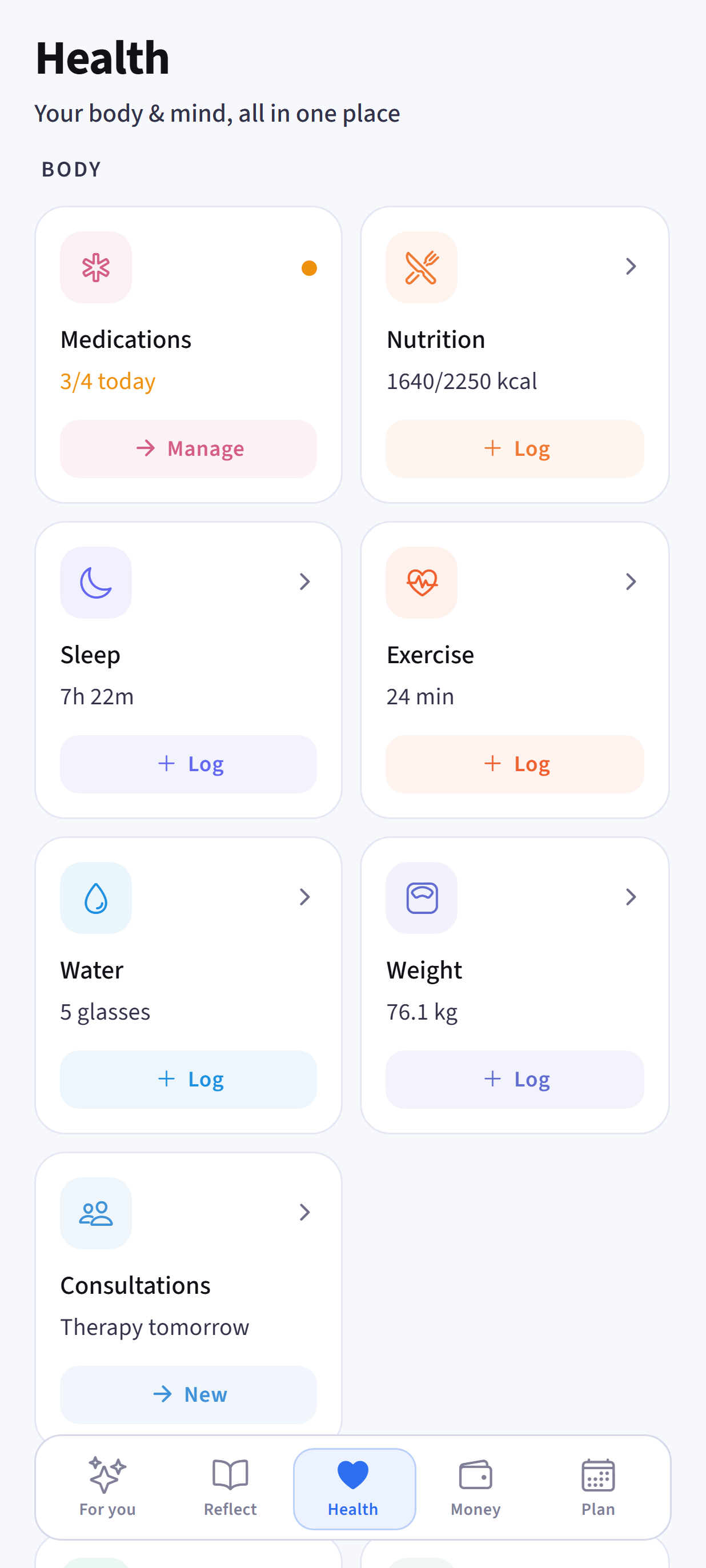 Dayhelm Health tab connecting medication, nutrition, sleep, movement, water, weight, mood, mindfulness, self-care, consultations, and documents
