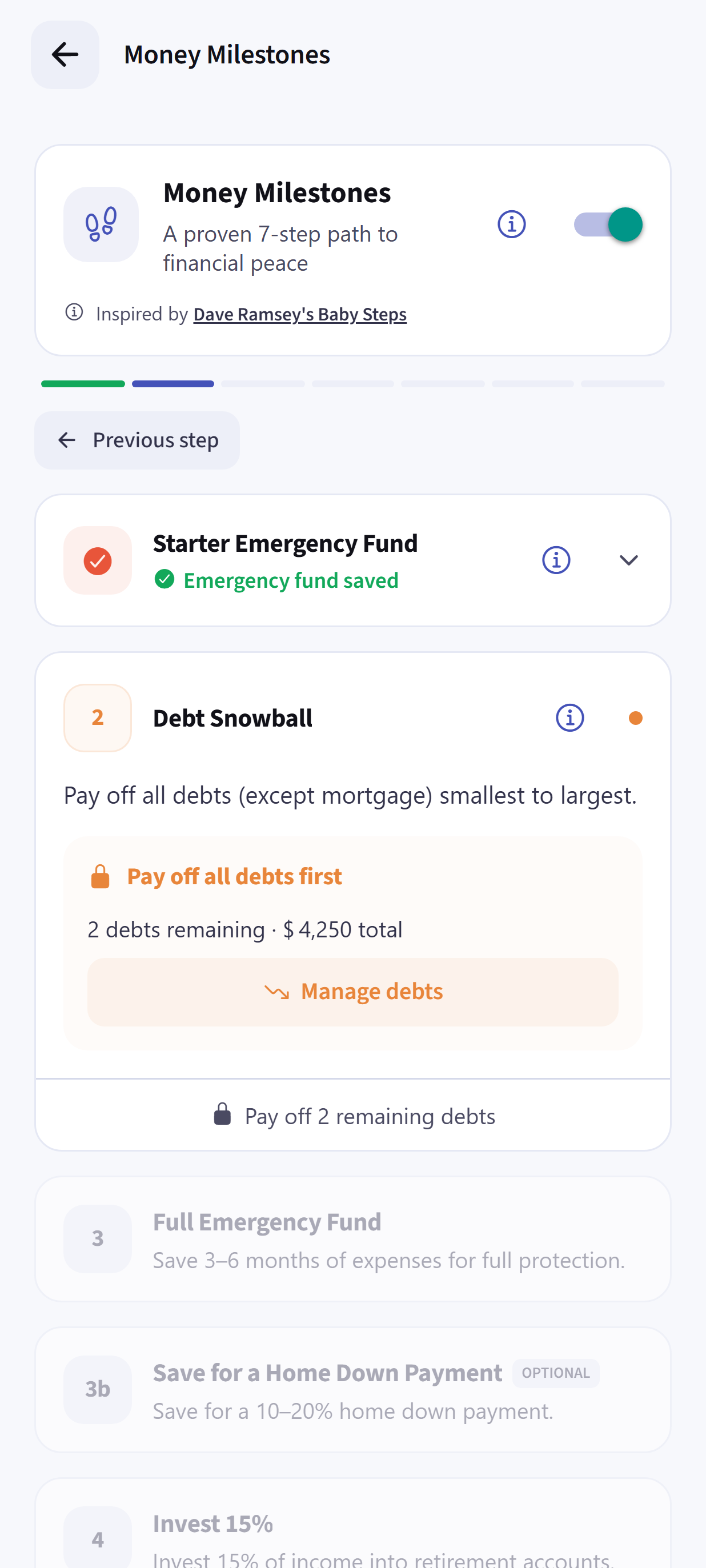 Dayhelm Money Milestones screen with a separate seven-step path through emergency savings, debt payoff, and long-term financial goals