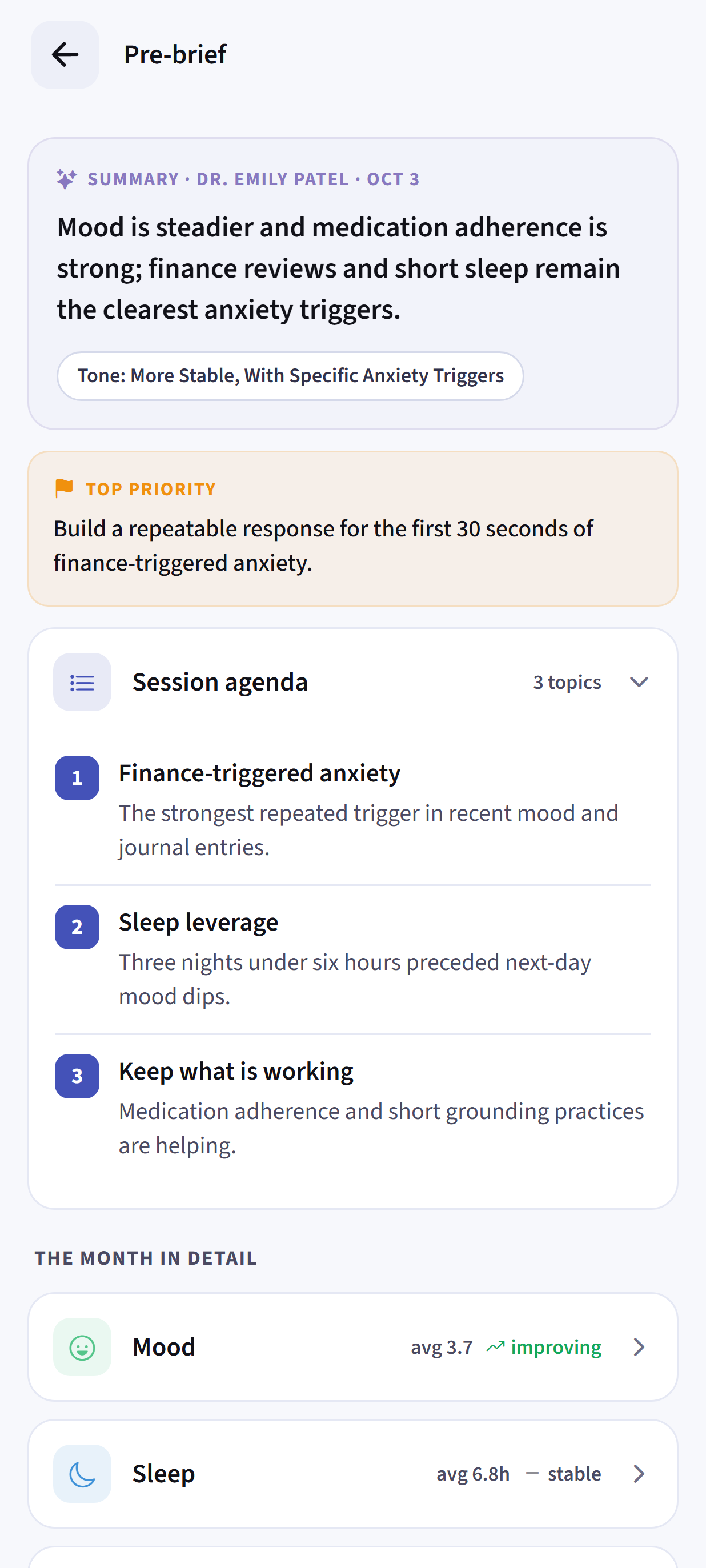 Dayhelm full therapy brief with top priority, session agenda, mood trend, sleep context, and clinician questions