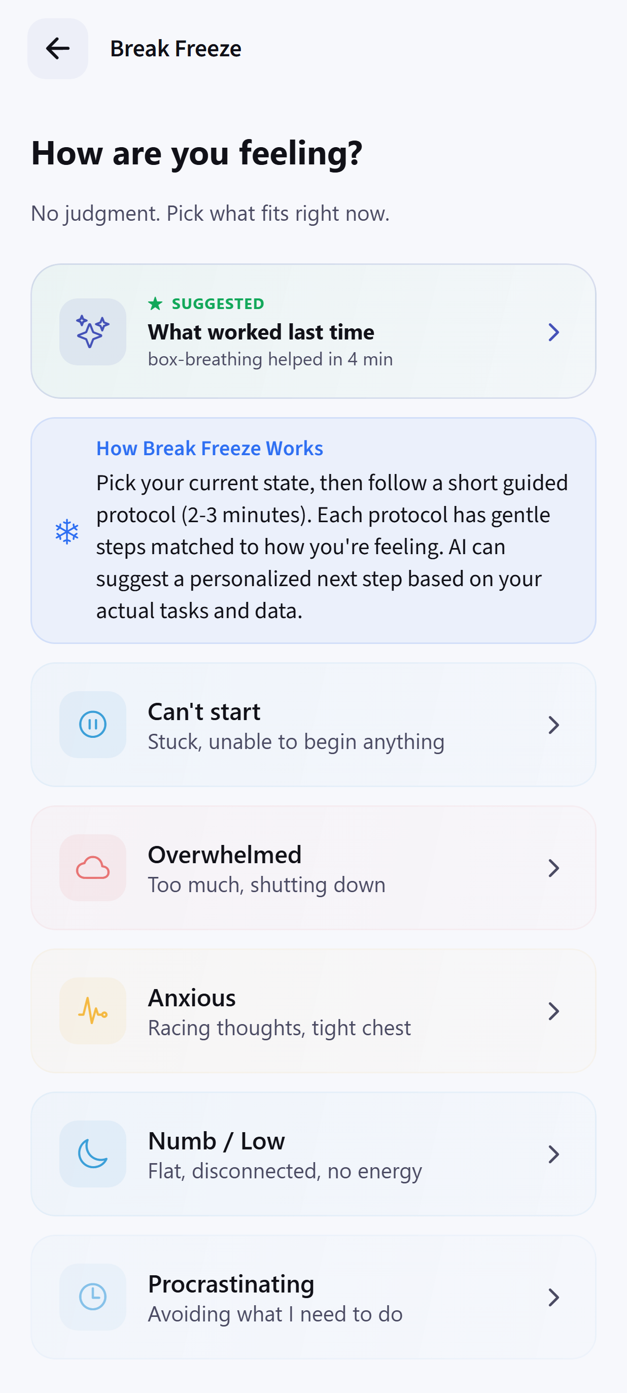Dayhelm Break Freeze screen with gentle state-based support for overwhelm, anxiety, low energy, and task initiation