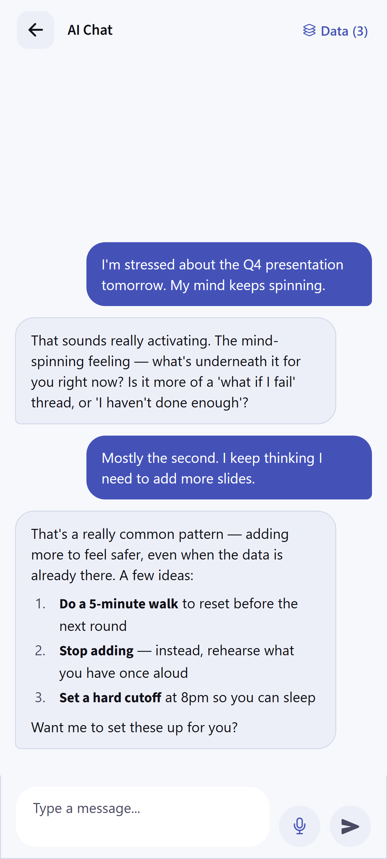 Dayhelm Helm AI conversation connecting personal context to reviewable actions and grounding support