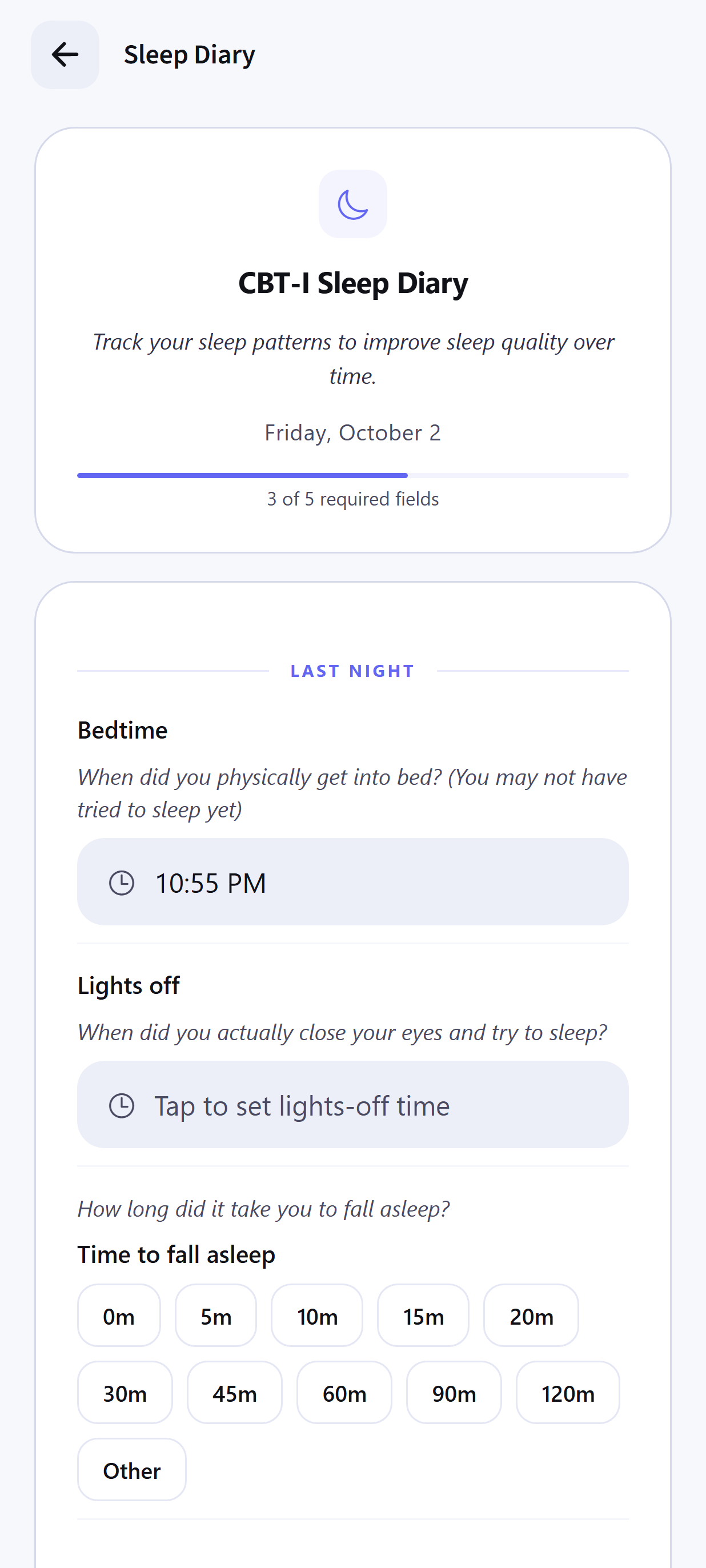 Dayhelm CBT-I sleep diary for bedtime, wake time, disruptions, sleep quality, and efficiency