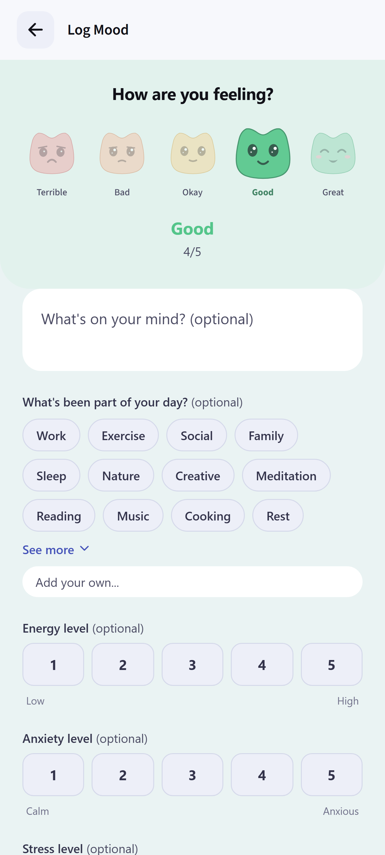 Dayhelm mood check-in with expressive Helm faces, energy, anxiety, stress, tags, and notes