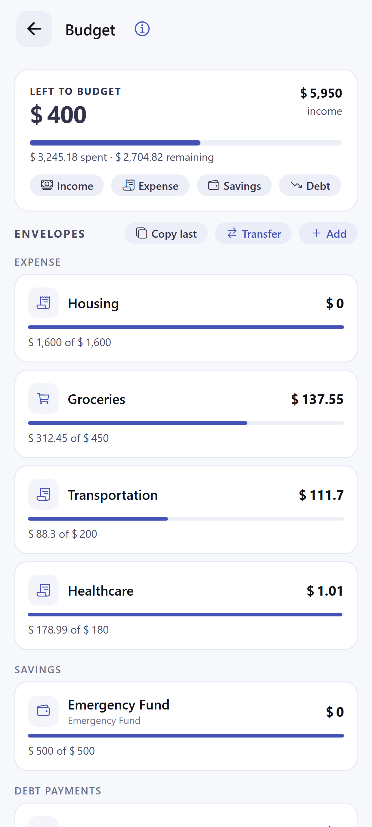 Dayhelm envelope budget showing assigned income, spending, savings, debt, and remaining balances