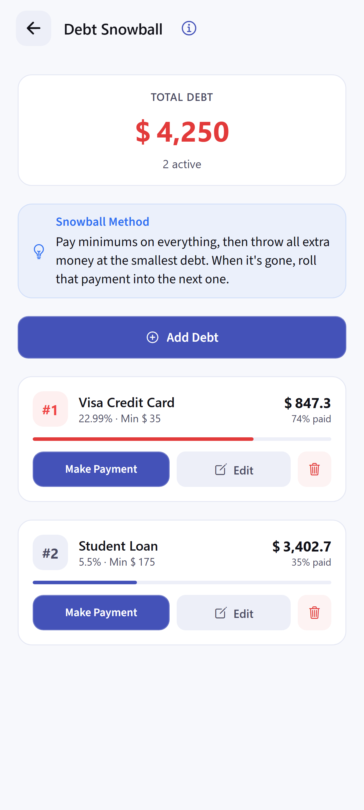 Dayhelm debt snowball ordering balances from smallest to largest with payoff progress and payments