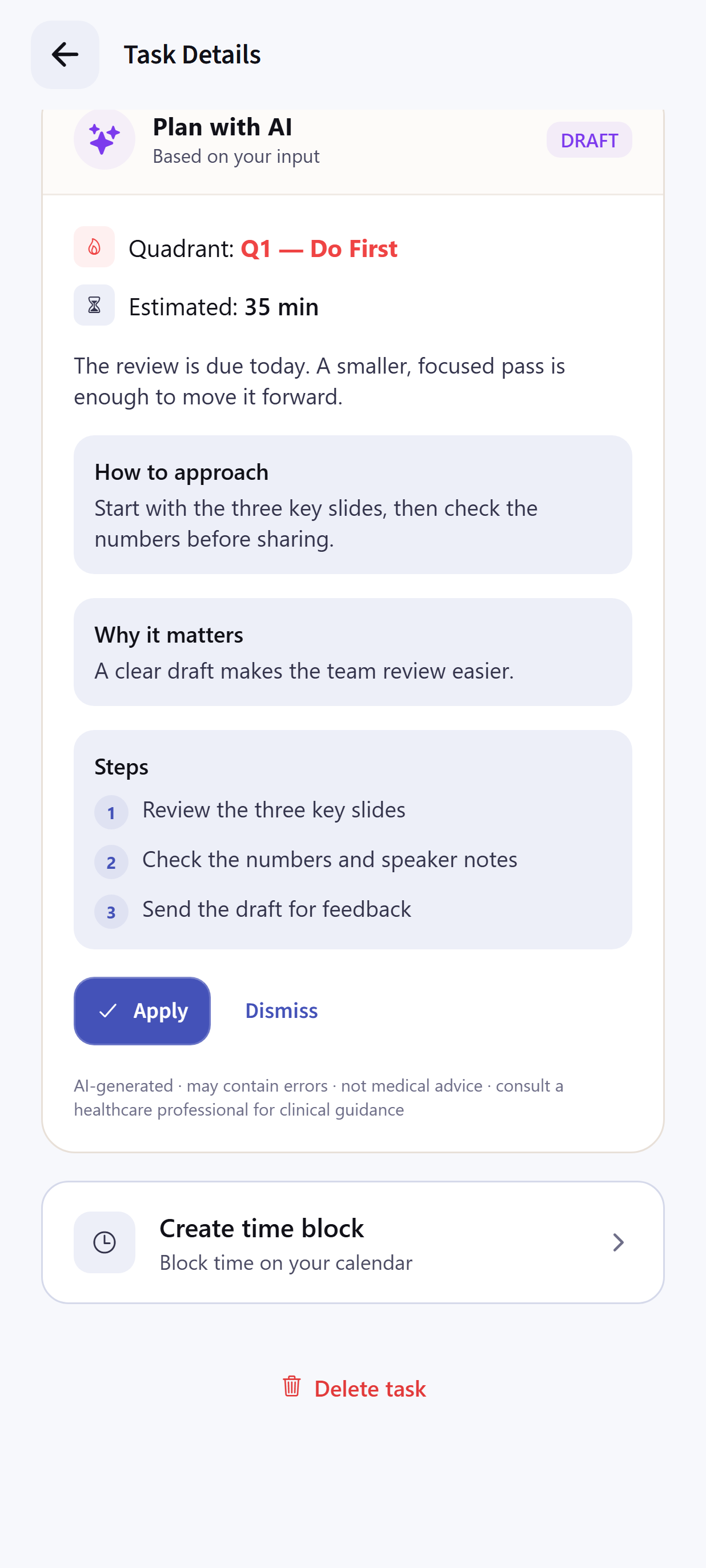 Dayhelm saved AI task-plan draft with an estimated duration, approach, step-by-step breakdown, and review before applying