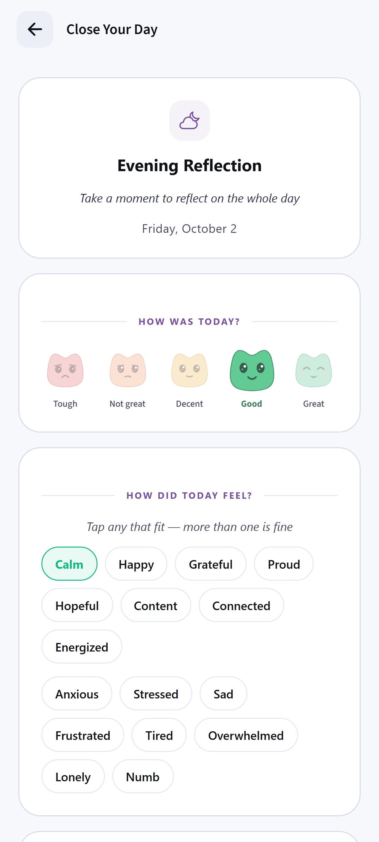 Dayhelm evening reflection with a day rating and selected emotion tags
