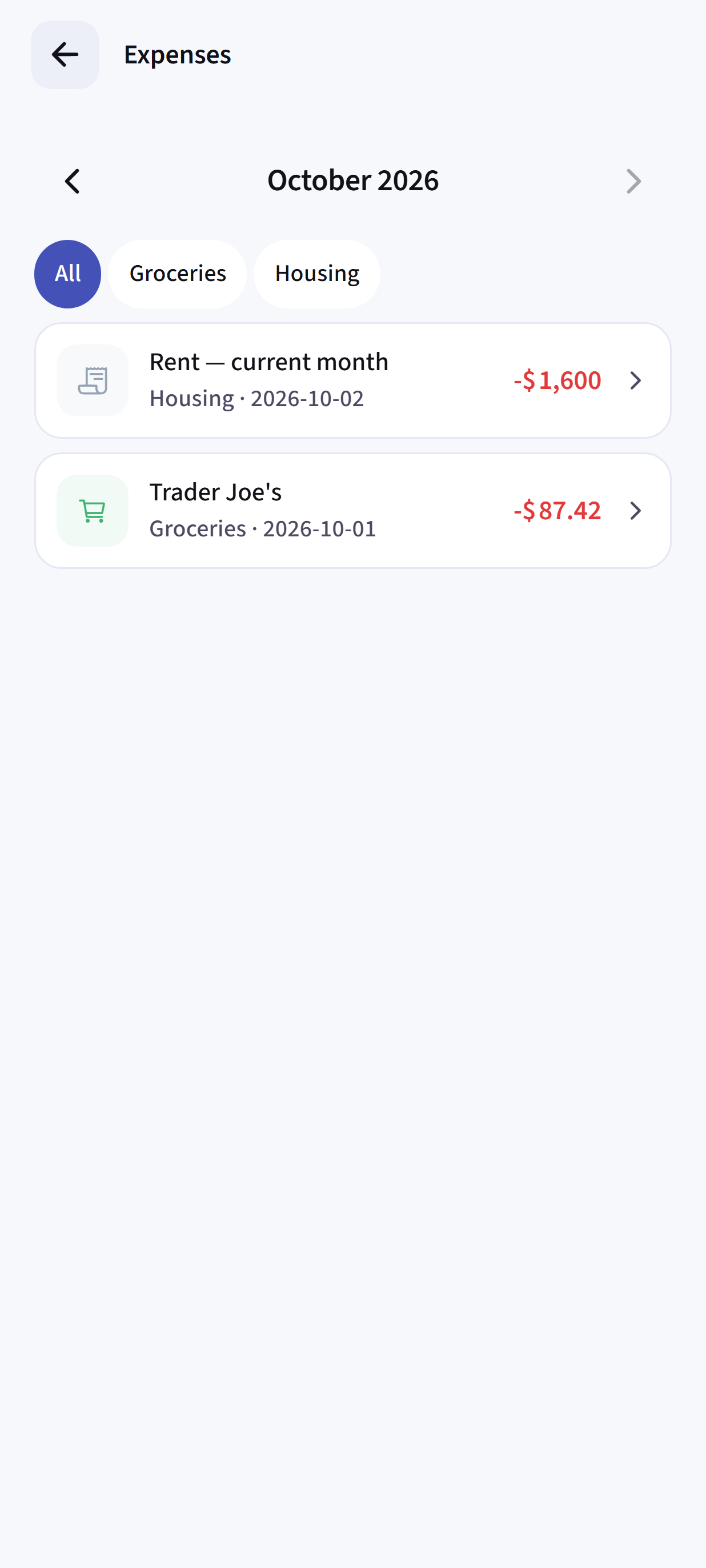 Dayhelm monthly expense ledger with dated entries, spending categories, and individual amounts