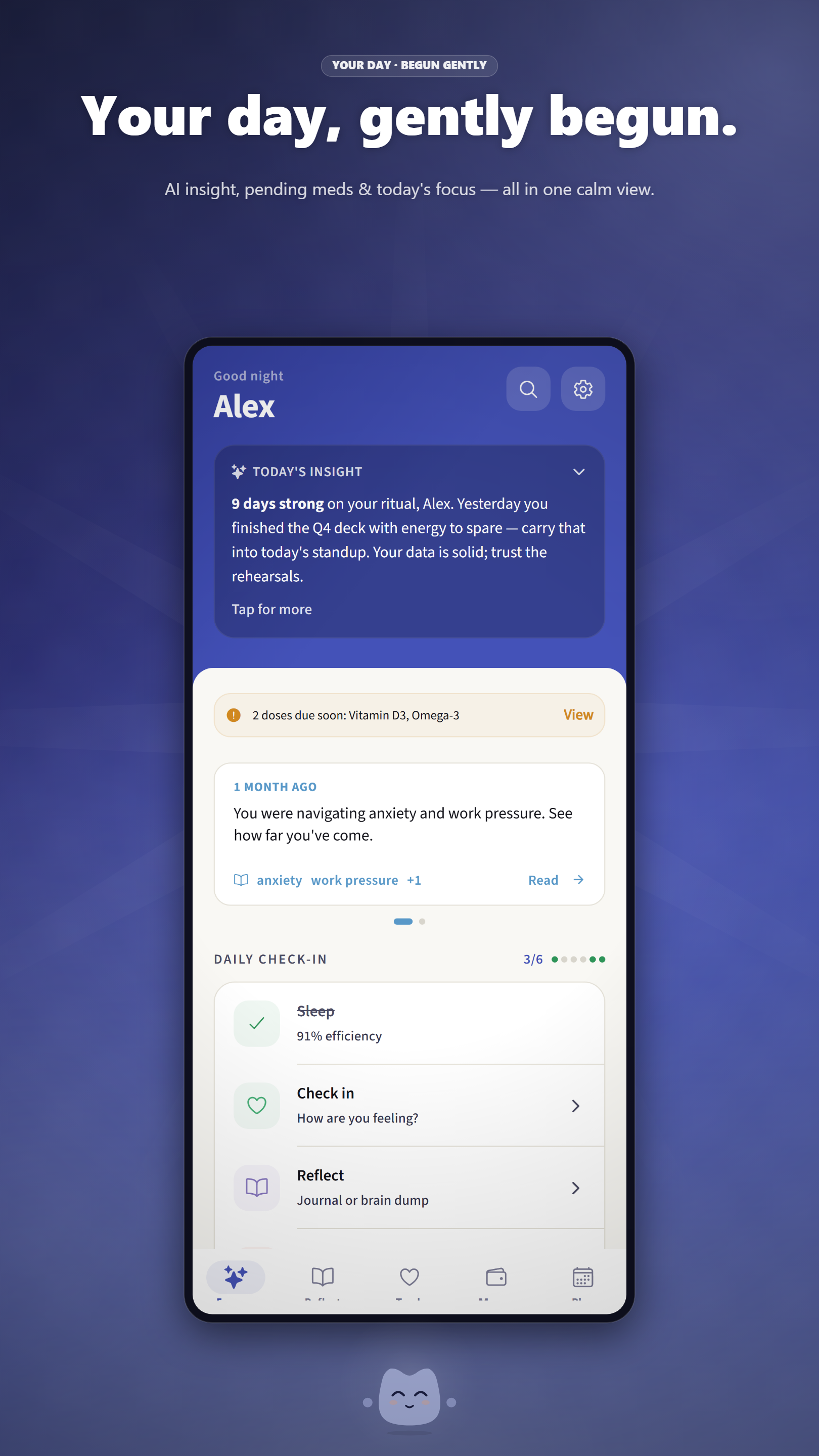 dayhelm For You home screen showing personalized daily ritual, mood check-in, and AI-generated wellbeing insights on Android