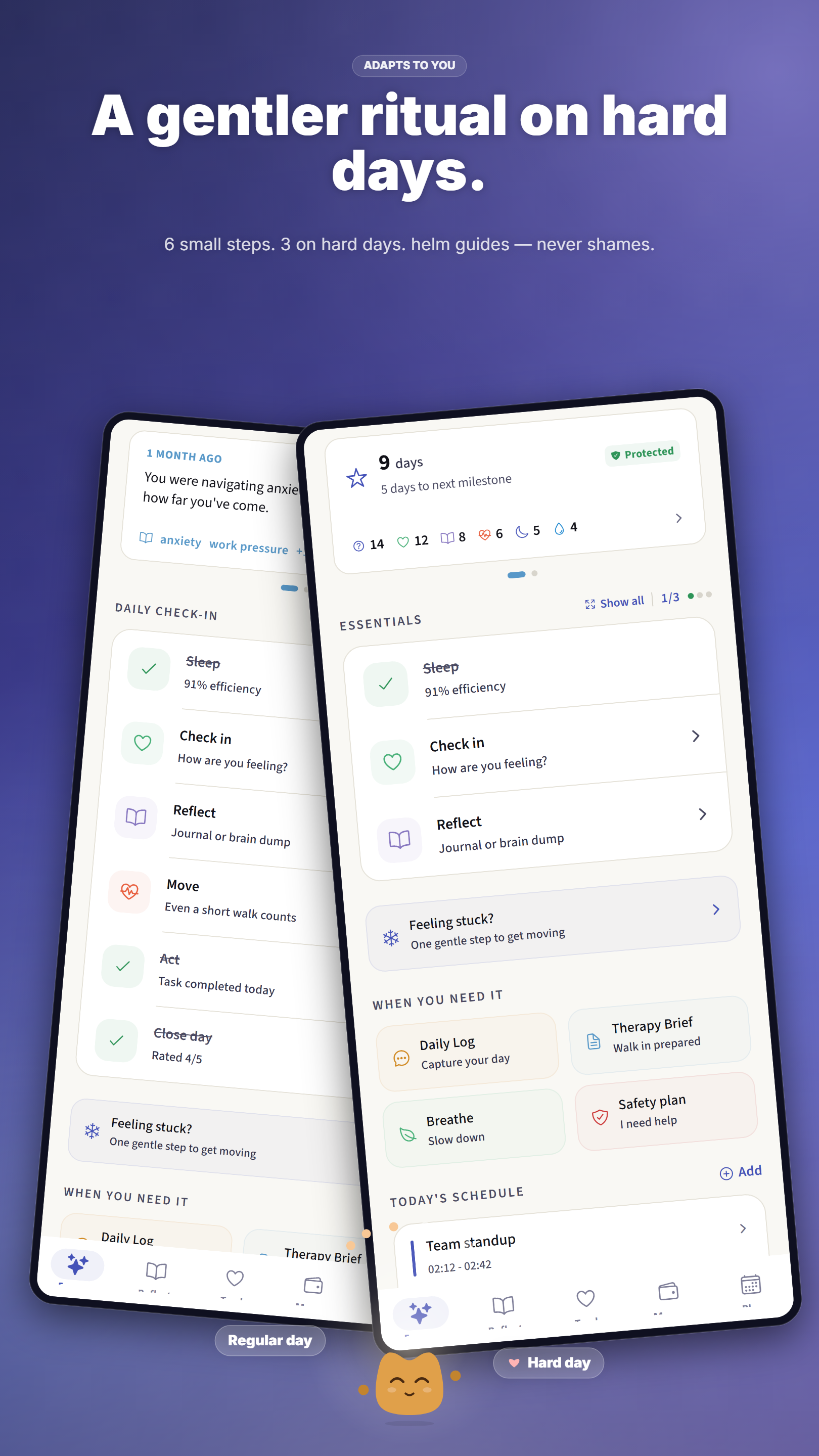 dayhelm daily ritual flow with six guided steps for mood, journal, health tracking, and reflection