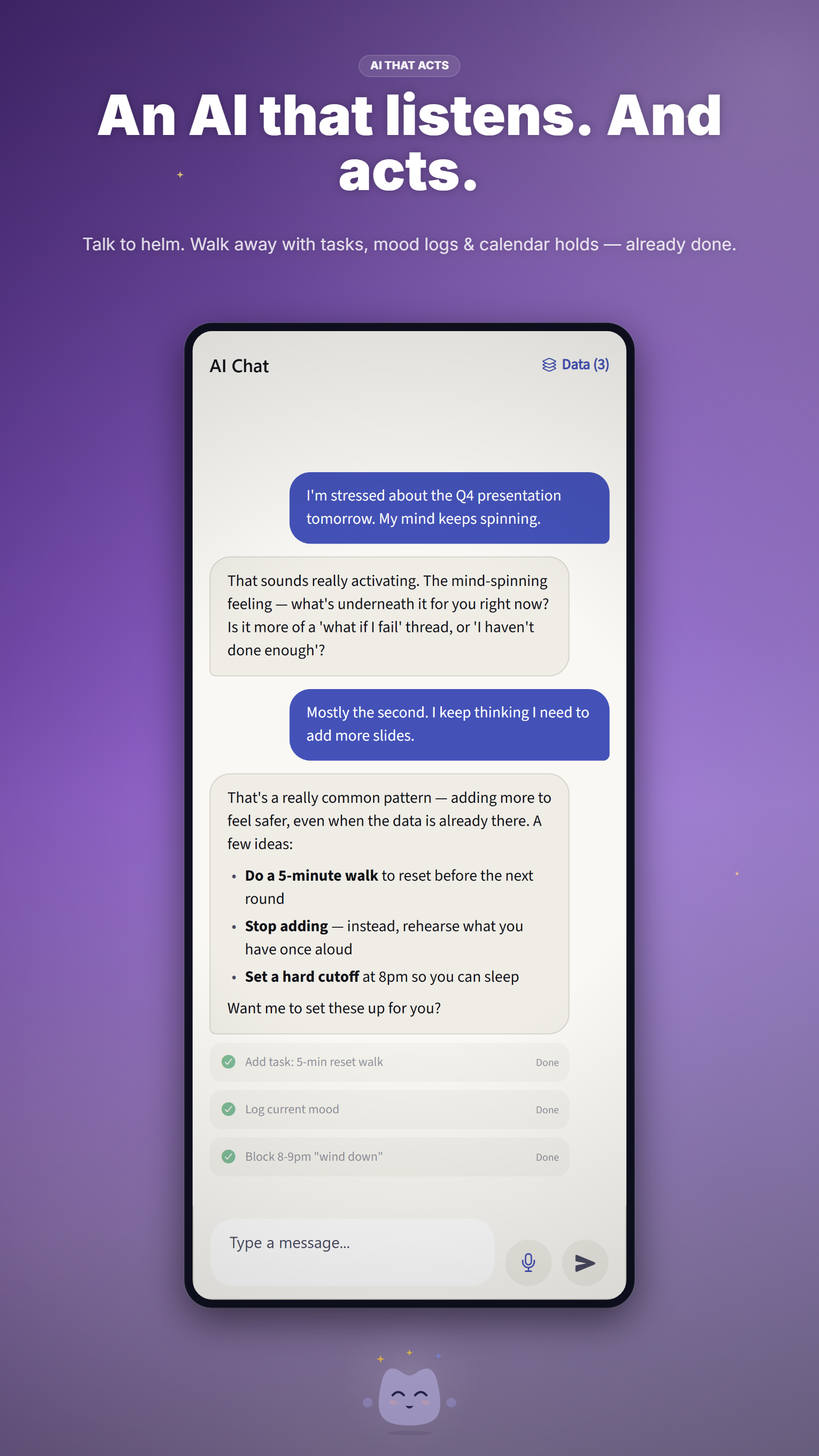 dayhelm AI companion Helm providing compassionate mental health support in conversational chat on Android