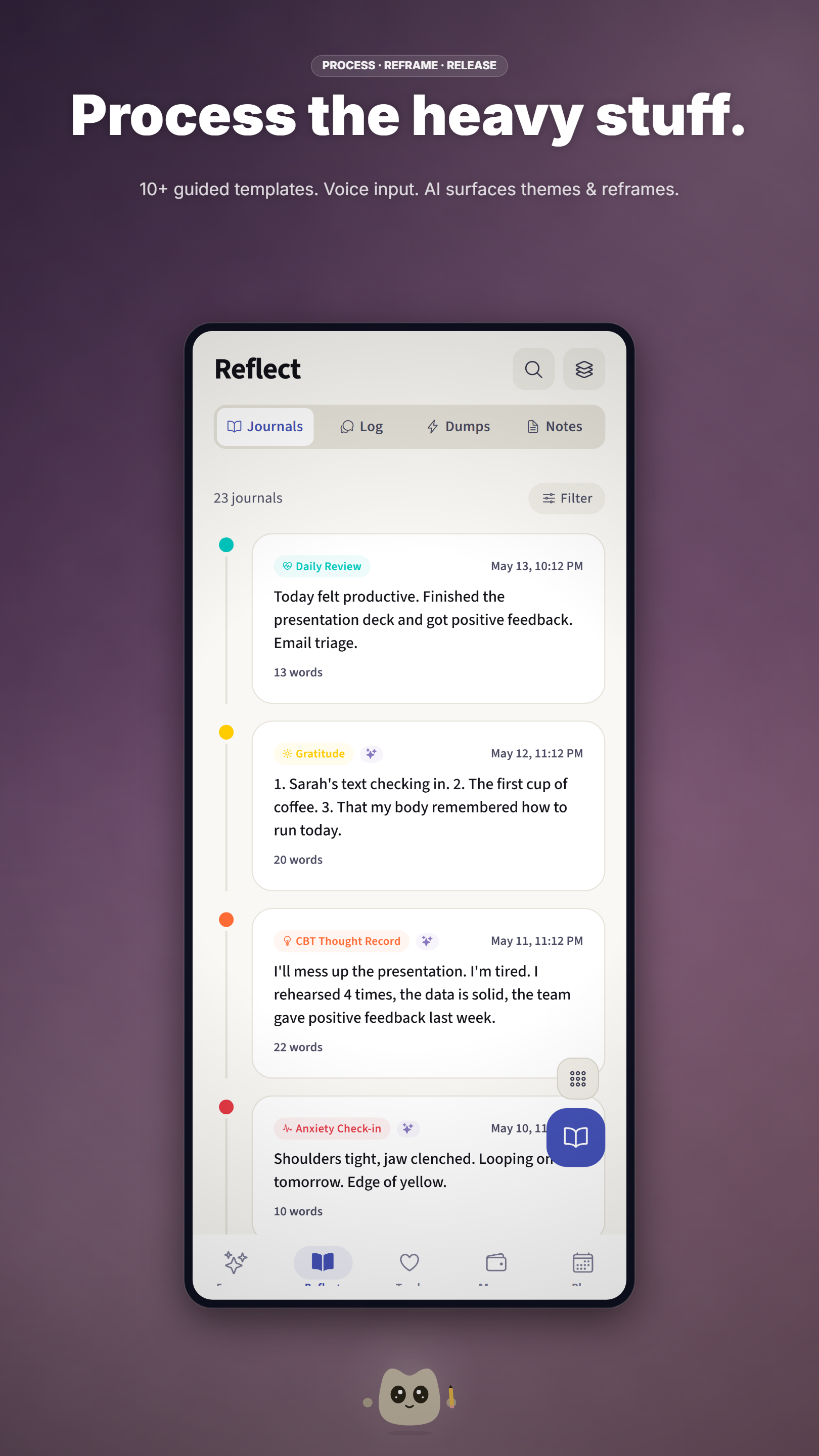 dayhelm AI-powered journal with 10+ therapeutic writing templates for anxiety, depression, and gratitude